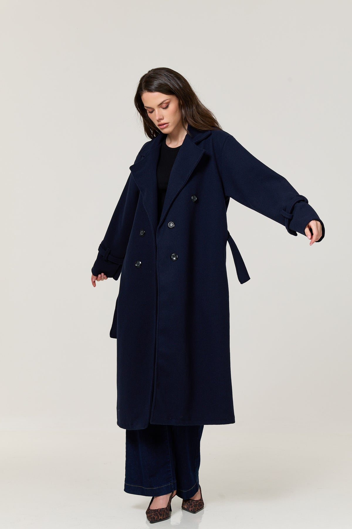 
                  
                    Navy Double Breasted Belted Long Coat
                  
                