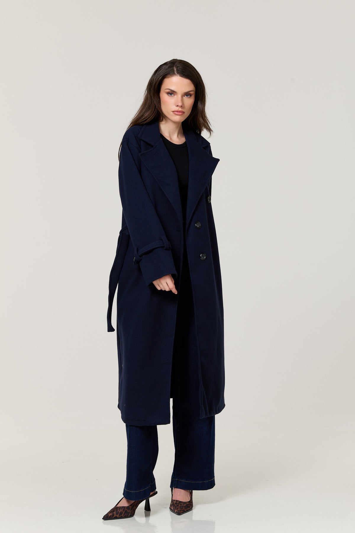 
                  
                    Navy Double Breasted Belted Long Coat
                  
                