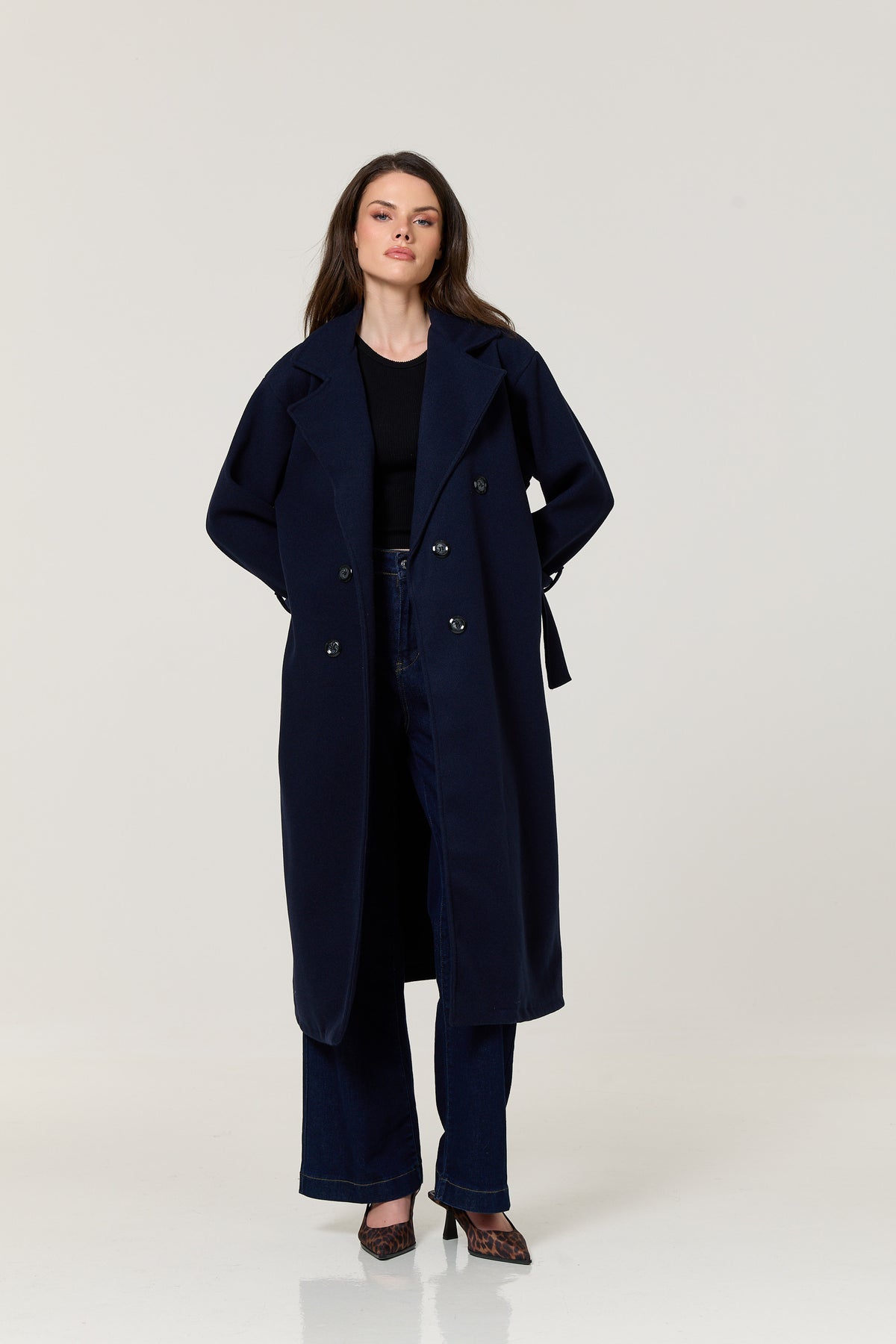 
                  
                    Navy Double Breasted Belted Long Coat
                  
                