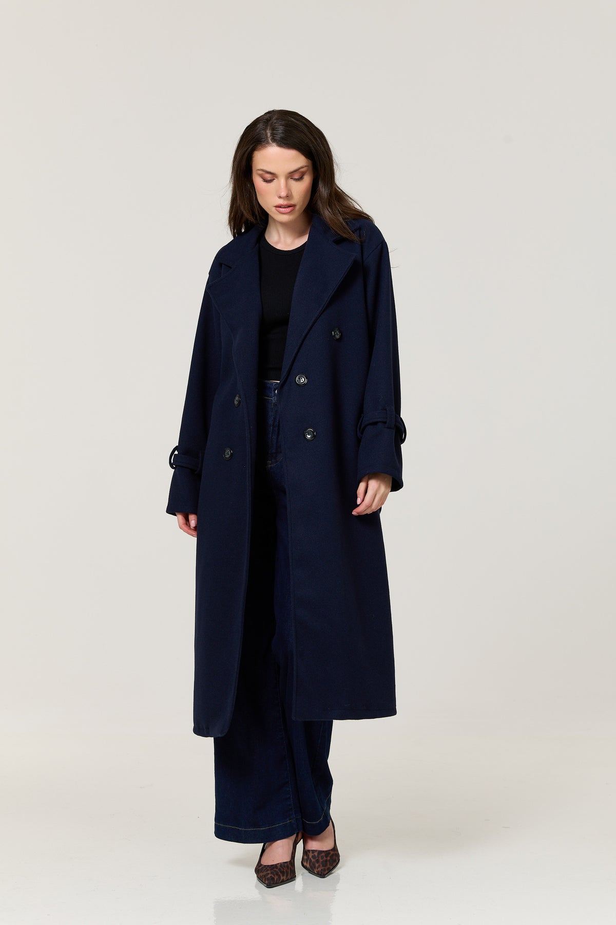 
                  
                    Navy Double Breasted Belted Long Coat
                  
                