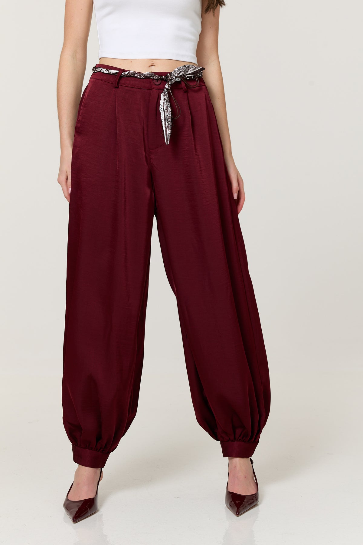 
                  
                    Burgundy Satin Balloon Trousers
                  
                