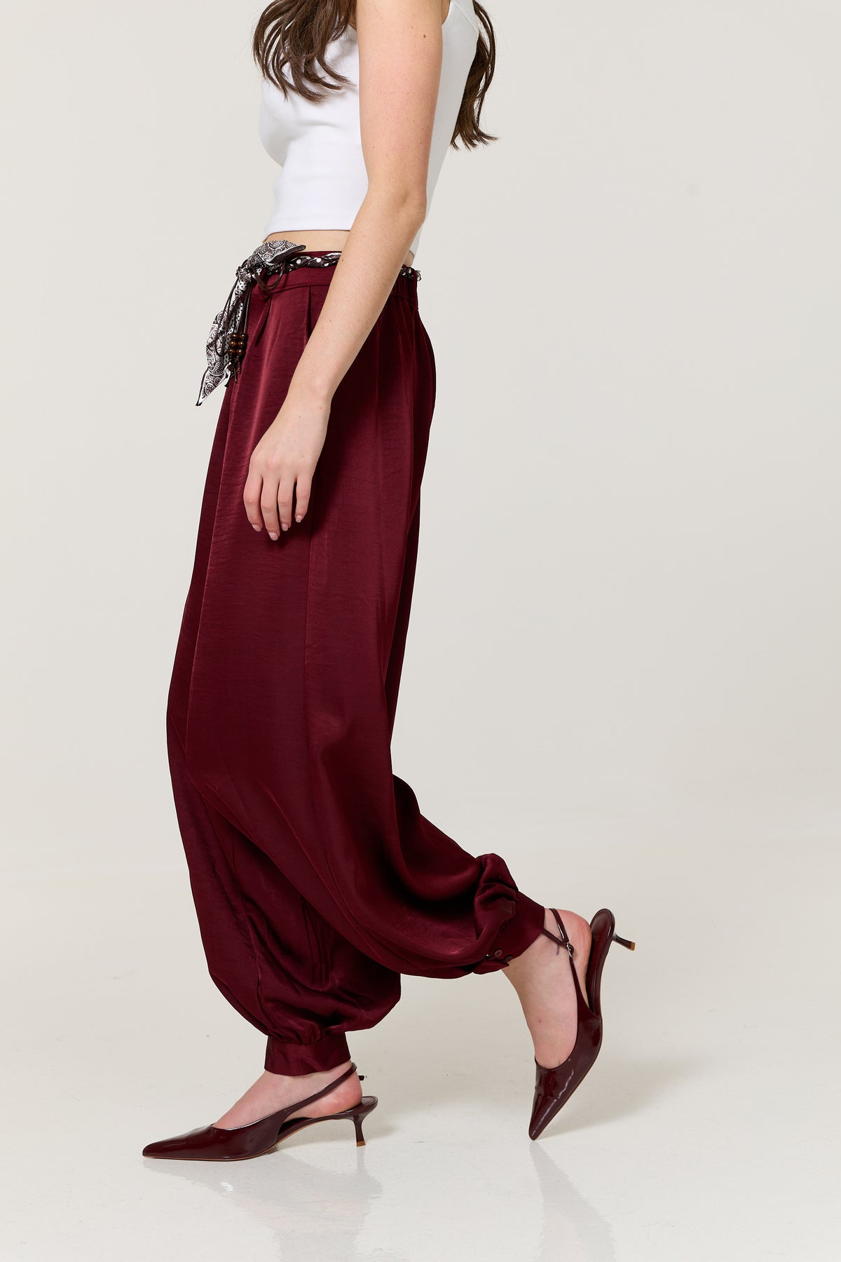 
                  
                    Burgundy Satin Balloon Trousers
                  
                