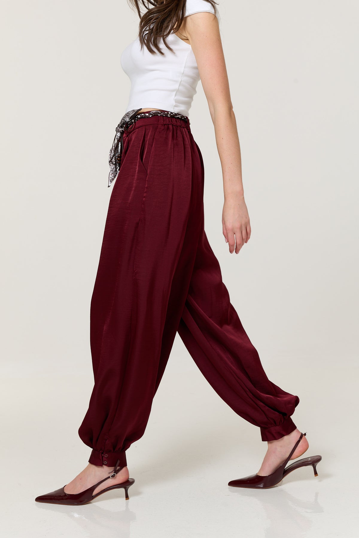 
                  
                    Burgundy Satin Balloon Trousers
                  
                