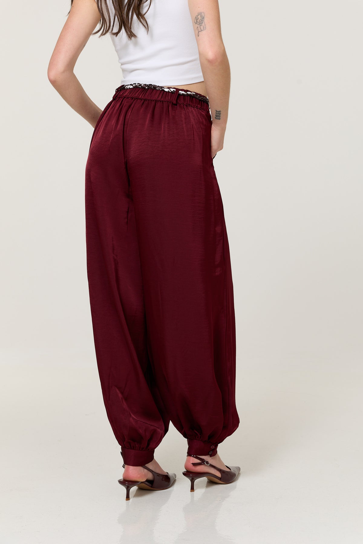 
                  
                    Burgundy Satin Balloon Trousers
                  
                