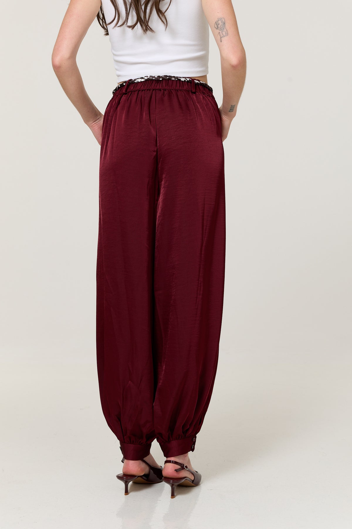 
                  
                    Burgundy Satin Balloon Trousers
                  
                