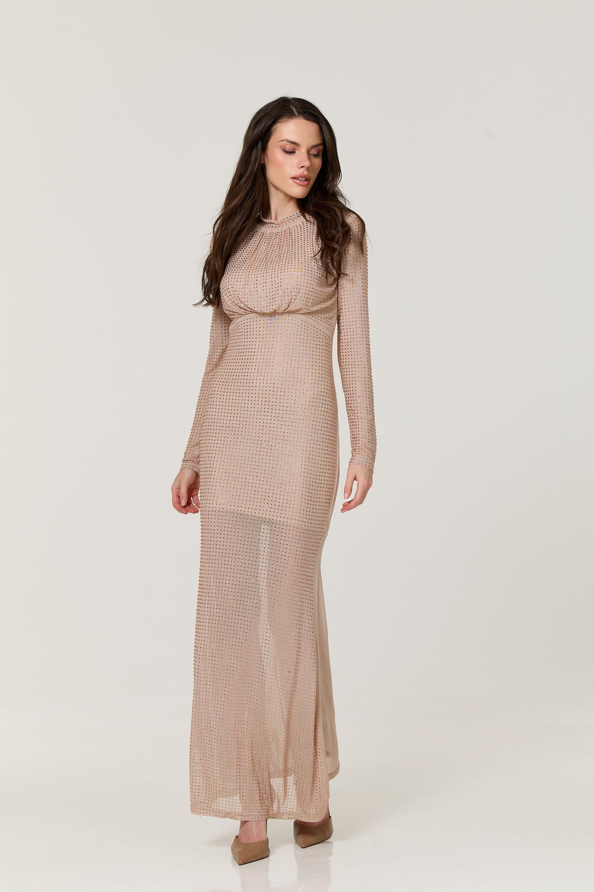 
                  
                    Nude Diamante Mesh Maxi Dress
                  
                