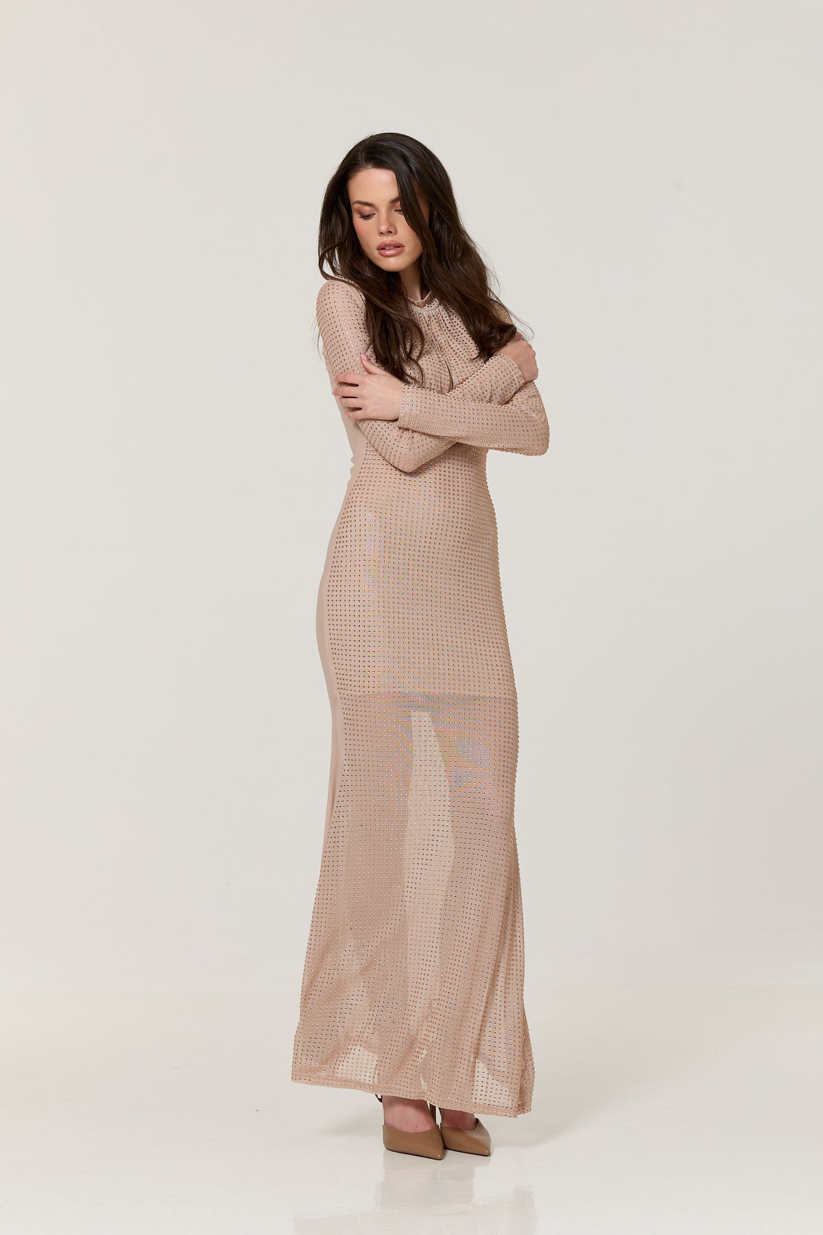 
                  
                    Nude Diamante Mesh Maxi Dress
                  
                