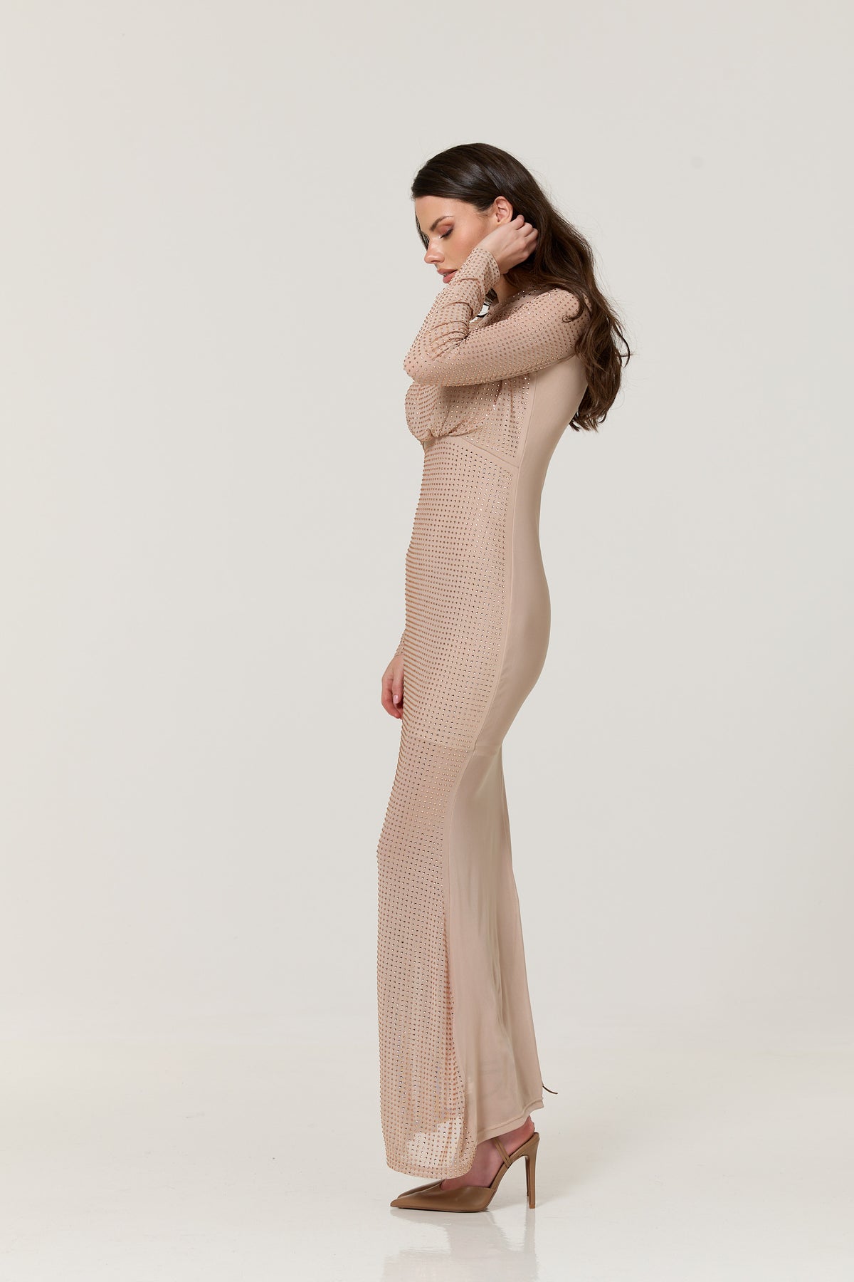 
                  
                    Nude Diamante Mesh Maxi Dress
                  
                