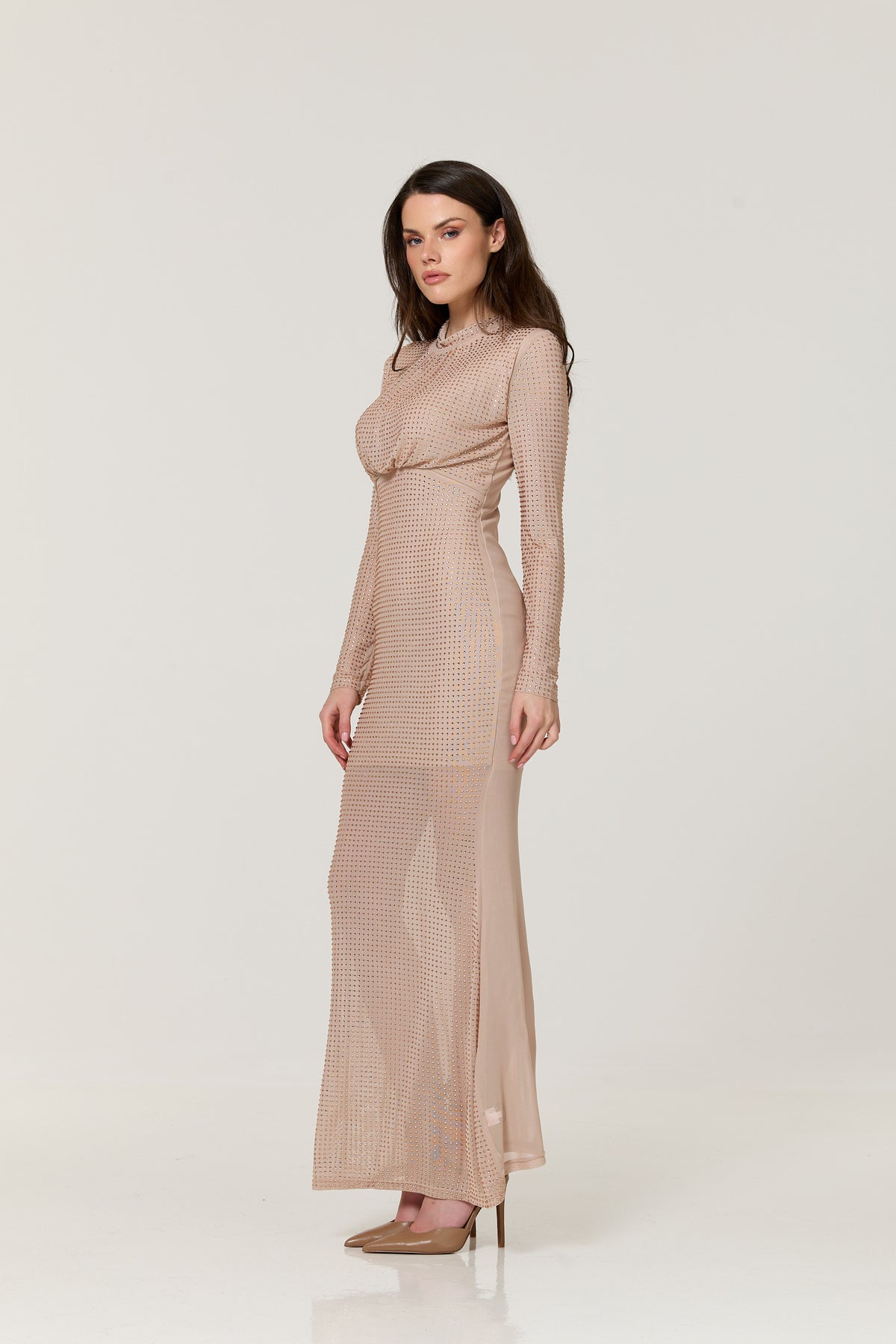 
                  
                    Nude Diamante Mesh Maxi Dress
                  
                