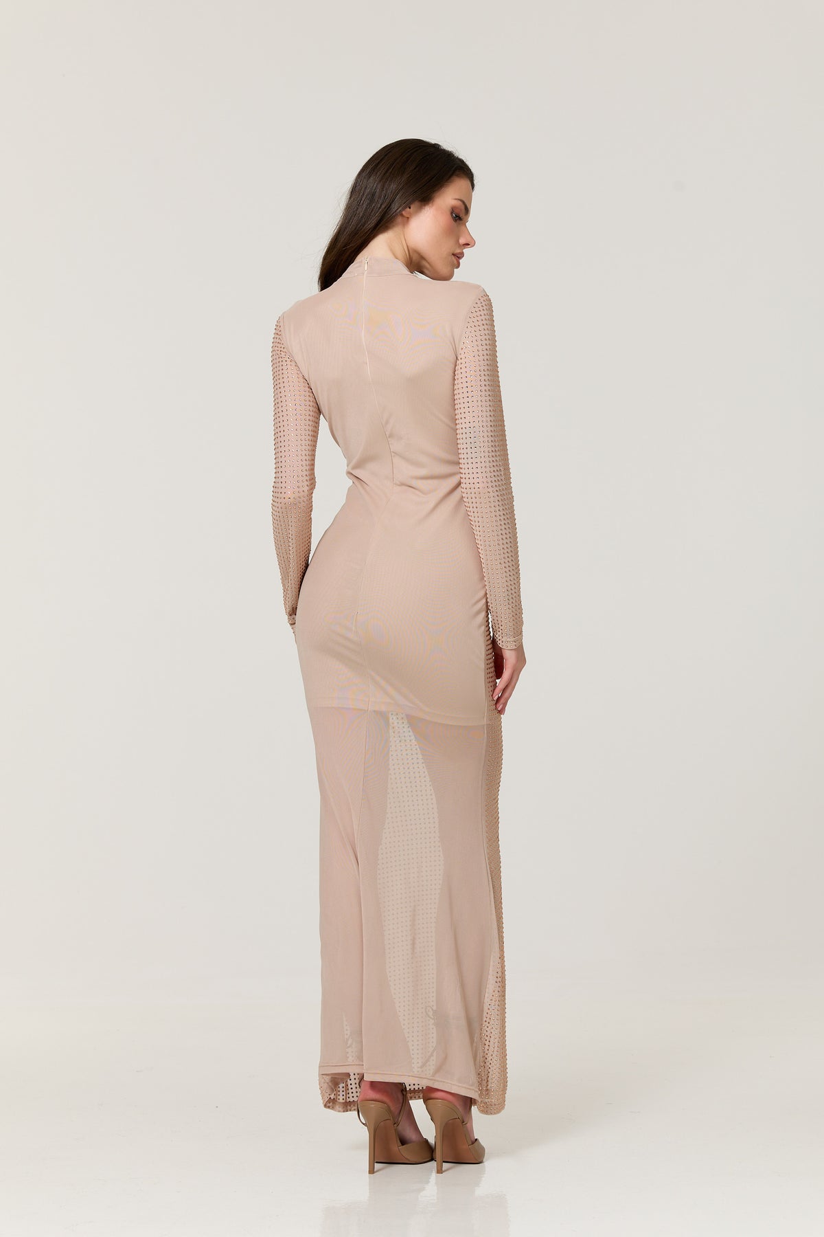 
                  
                    Nude Diamante Mesh Maxi Dress
                  
                