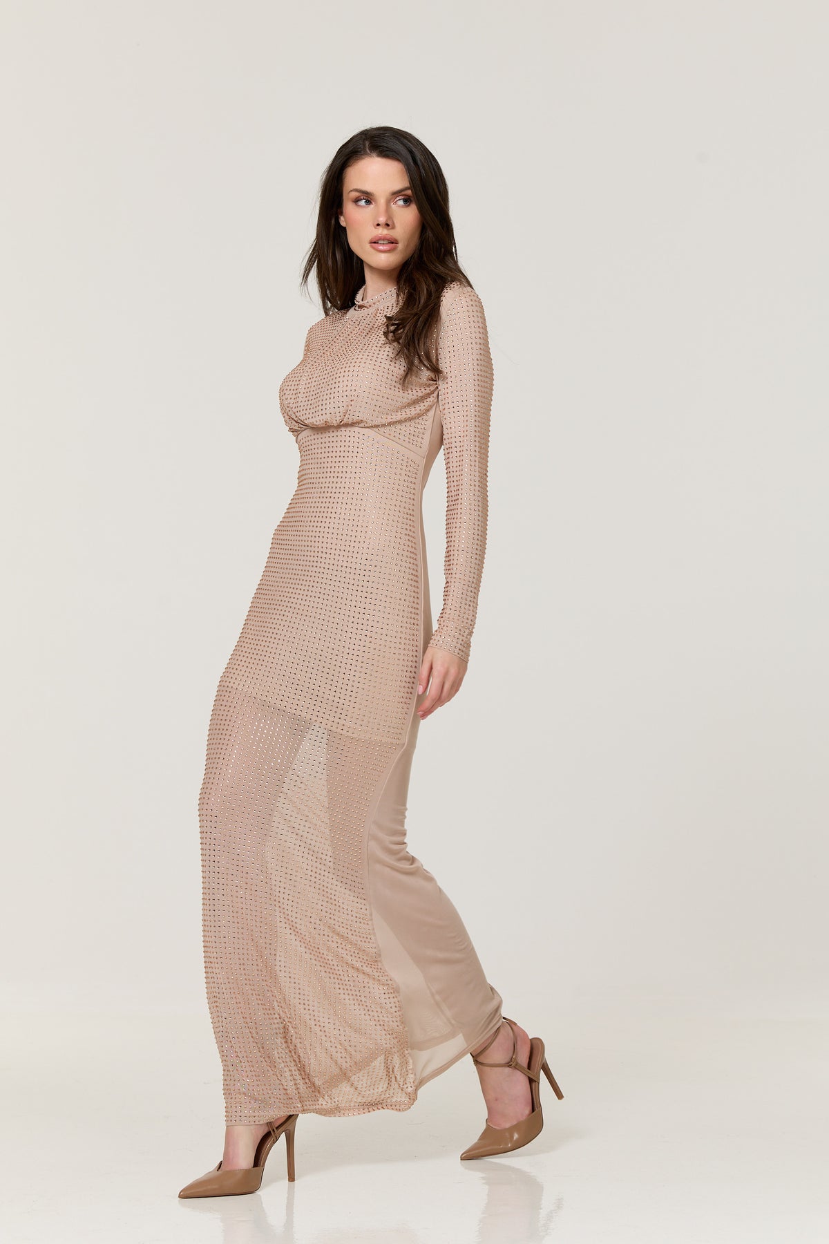 
                  
                    Nude Diamante Mesh Maxi Dress
                  
                