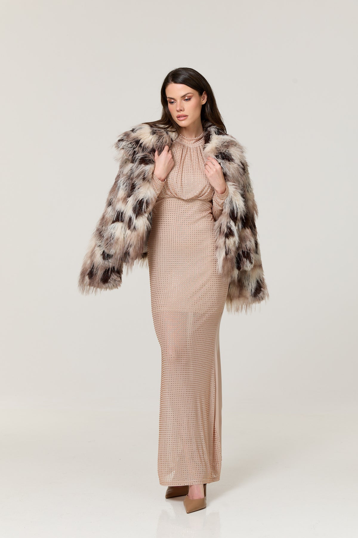 
                  
                    Nude Diamante Mesh Maxi Dress
                  
                