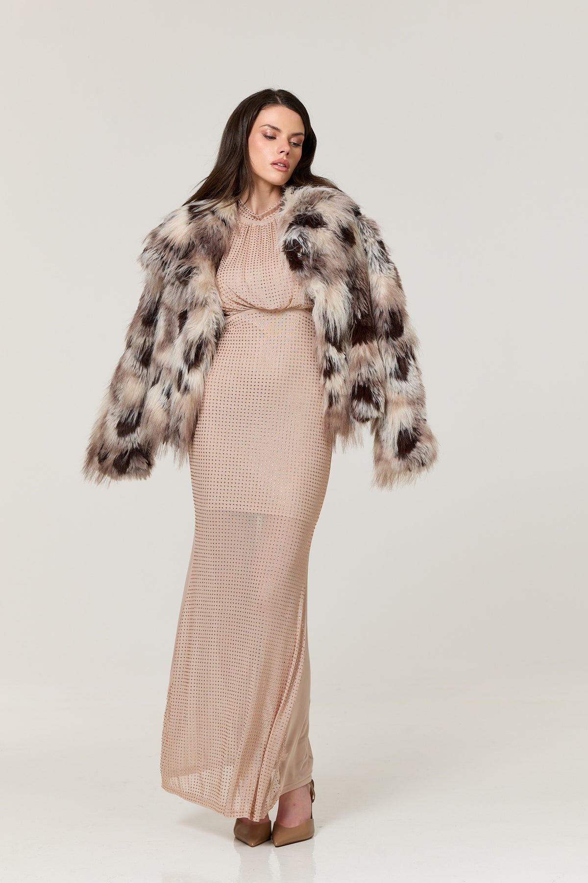 
                  
                    Nude Diamante Mesh Maxi Dress
                  
                
