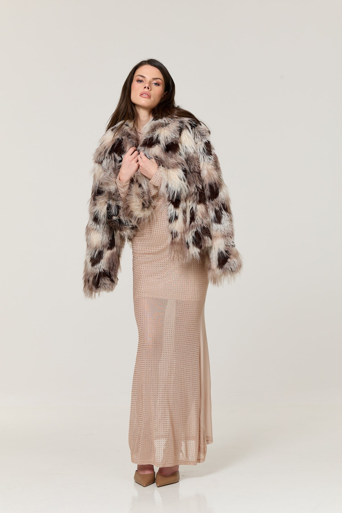 
                  
                    Nude Diamante Mesh Maxi Dress
                  
                