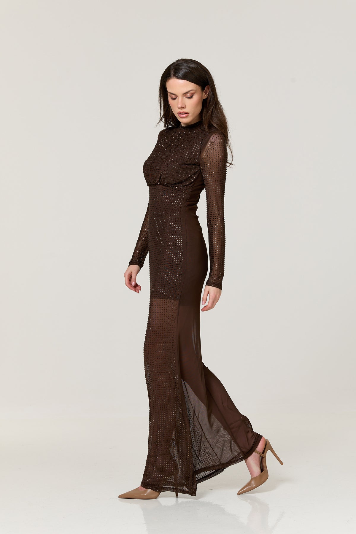 
                  
                    Brown Diamante Mesh Maxi Dress
                  
                