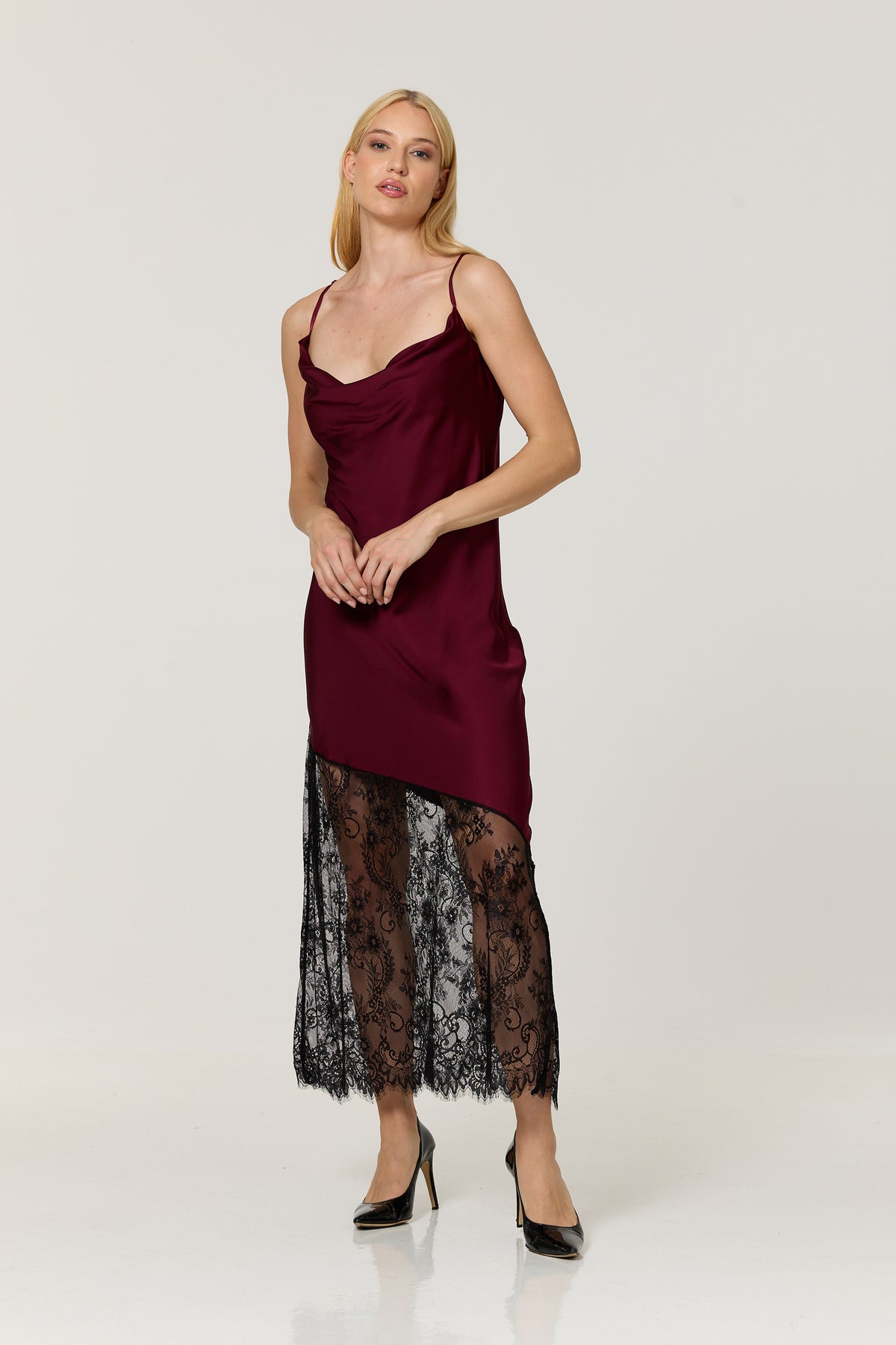 
                  
                    Burgundy Satin Lace Hem Maxi Dress
                  
                