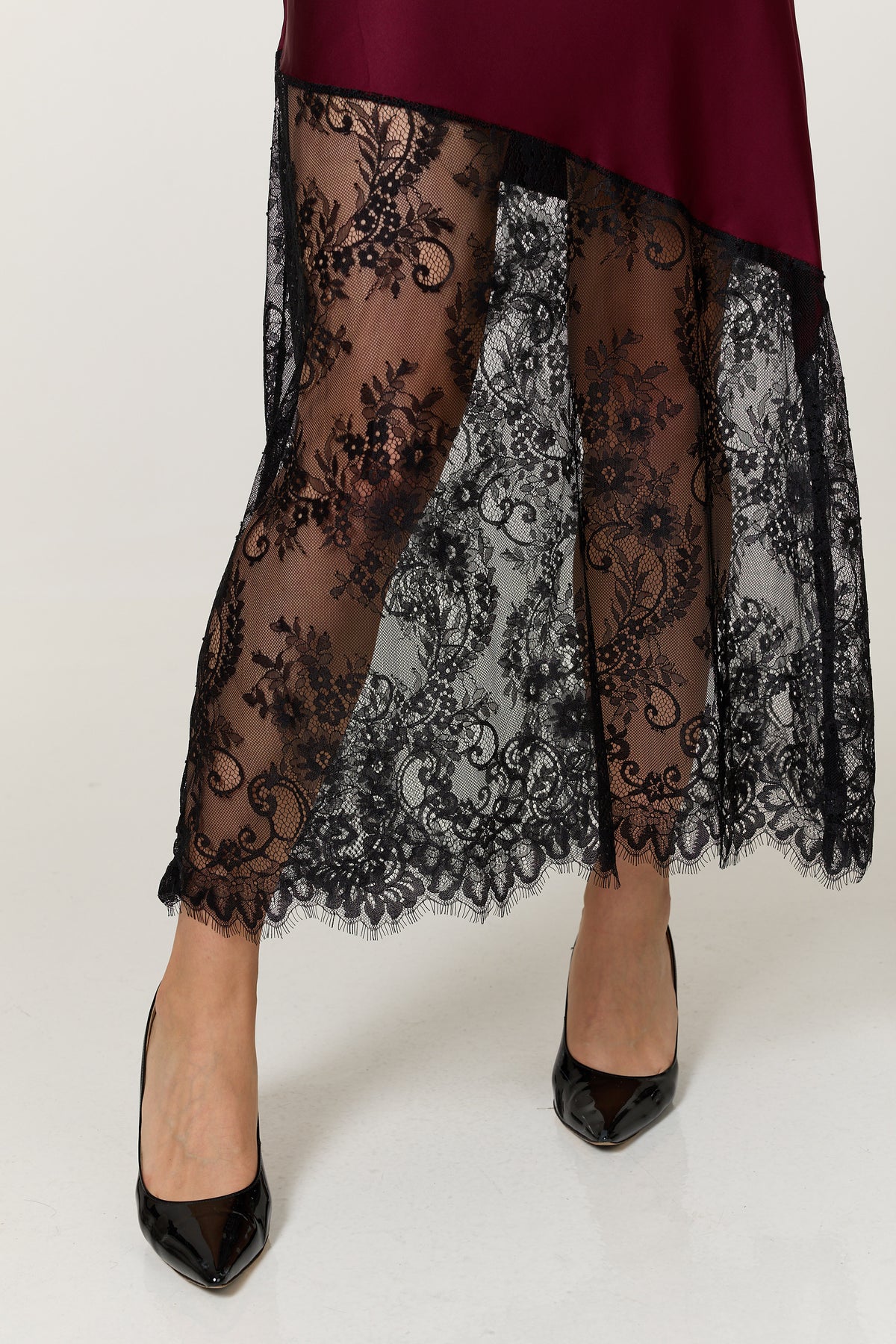 
                  
                    Burgundy Satin Lace Hem Maxi Dress
                  
                