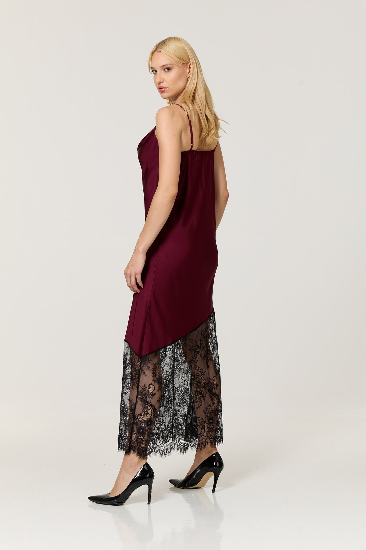 
                  
                    Burgundy Satin Lace Hem Maxi Dress
                  
                