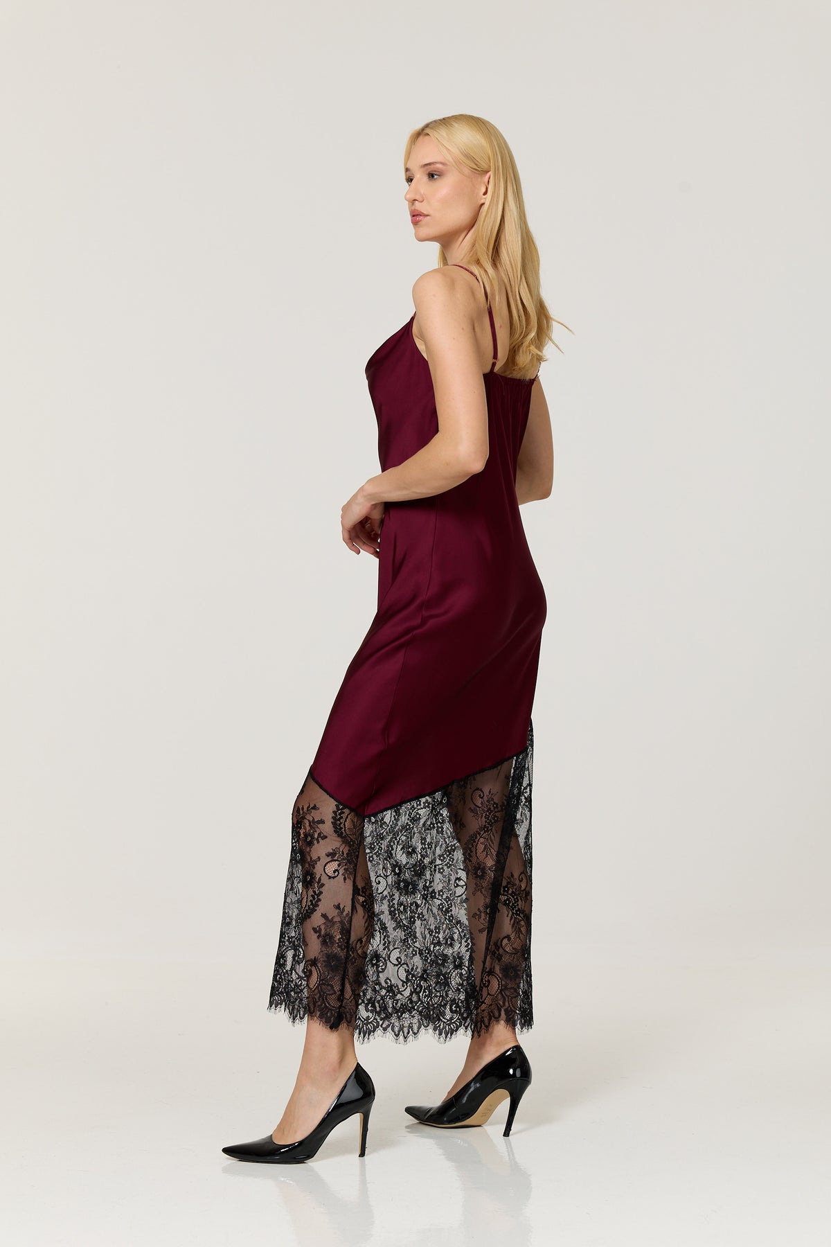 
                  
                    Burgundy Satin Lace Hem Maxi Dress
                  
                