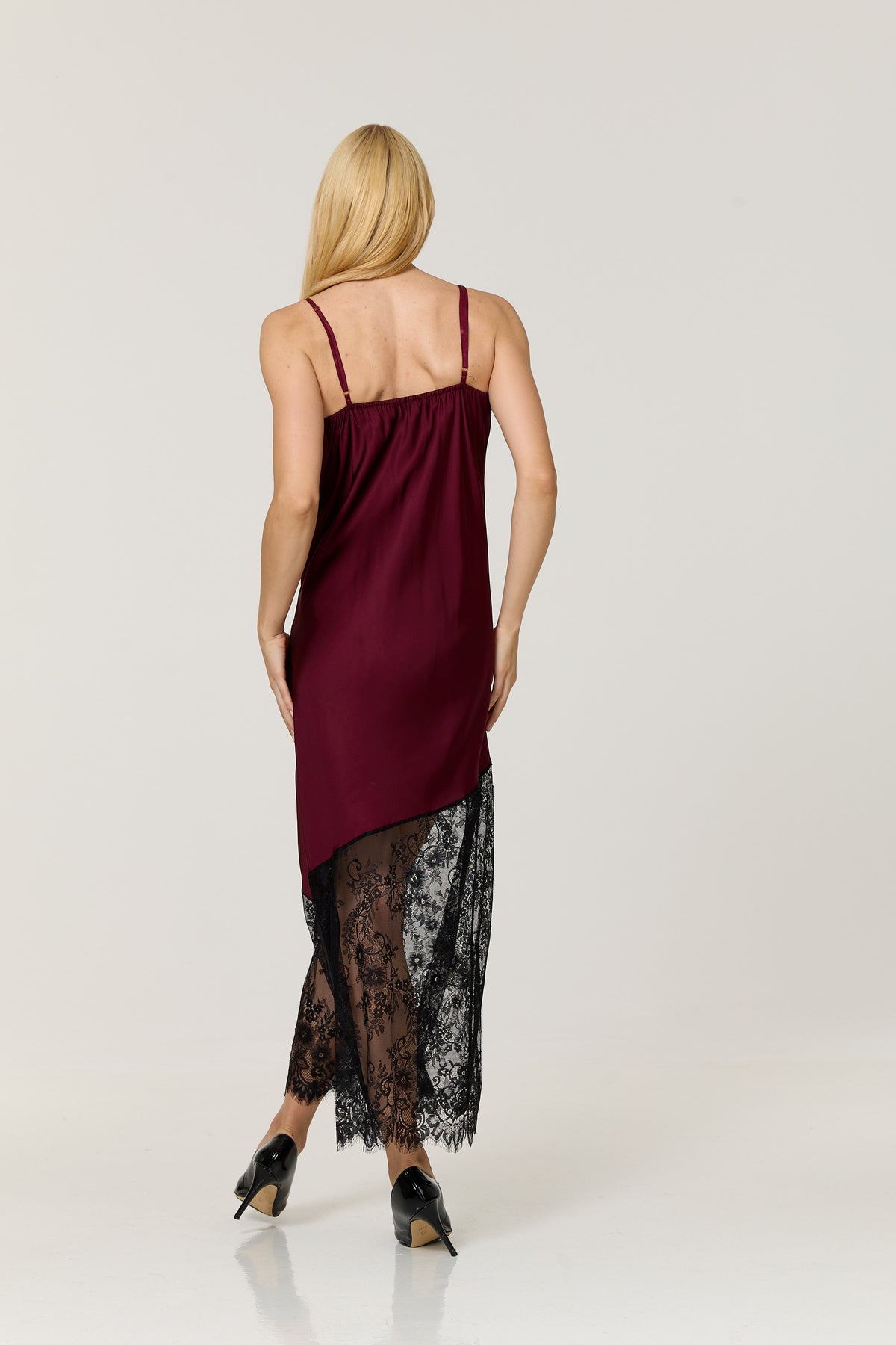 
                  
                    Burgundy Satin Lace Hem Maxi Dress
                  
                