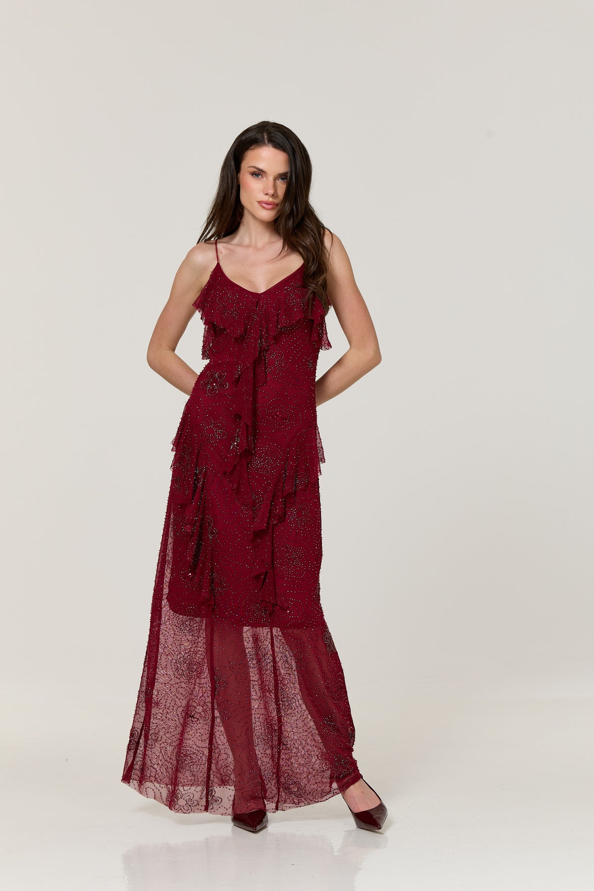 
                  
                    Burgundy Embellished Ruffle Maxi Dress
                  
                