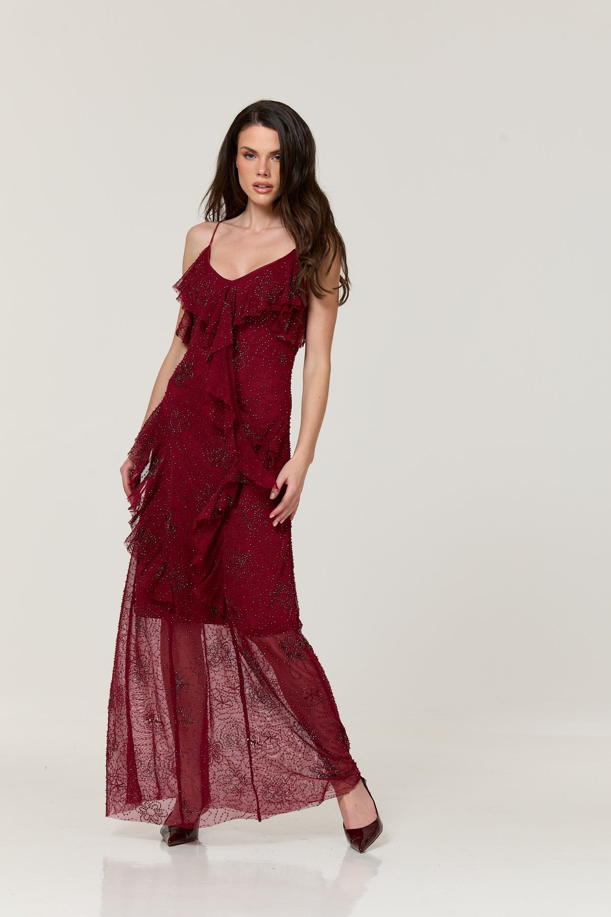 
                  
                    Burgundy Embellished Ruffle Maxi Dress
                  
                