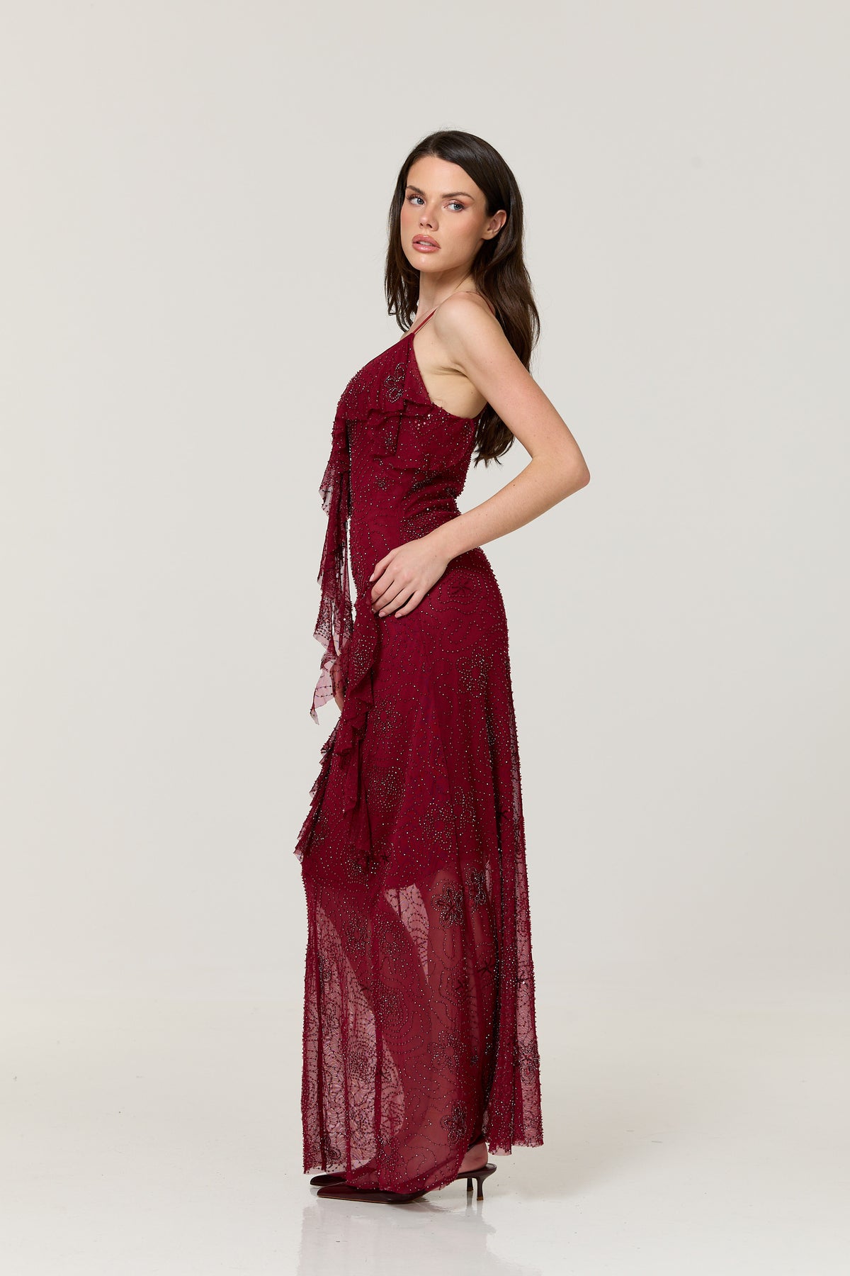 
                  
                    Burgundy Embellished Ruffle Maxi Dress
                  
                