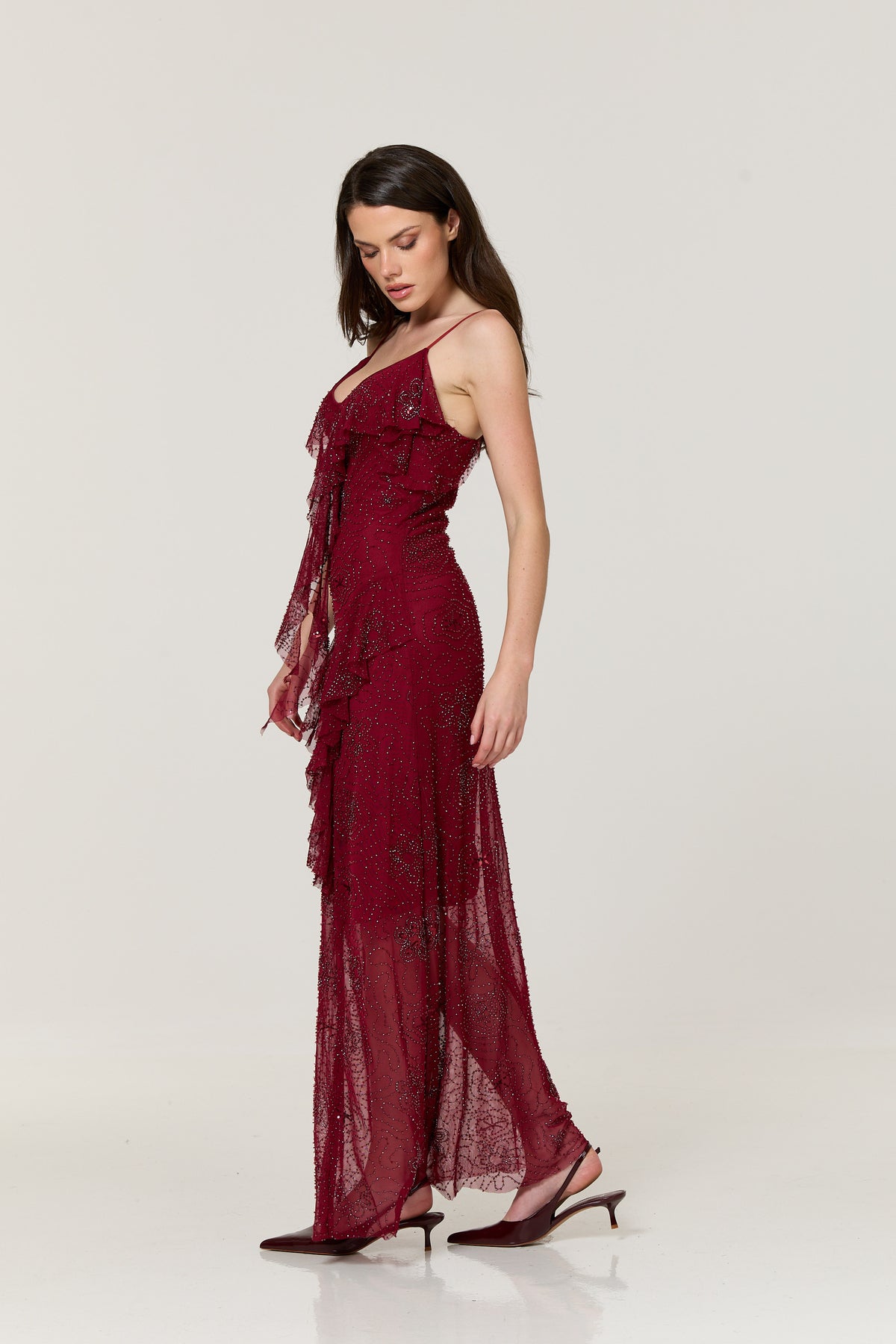
                  
                    Burgundy Embellished Ruffle Maxi Dress
                  
                