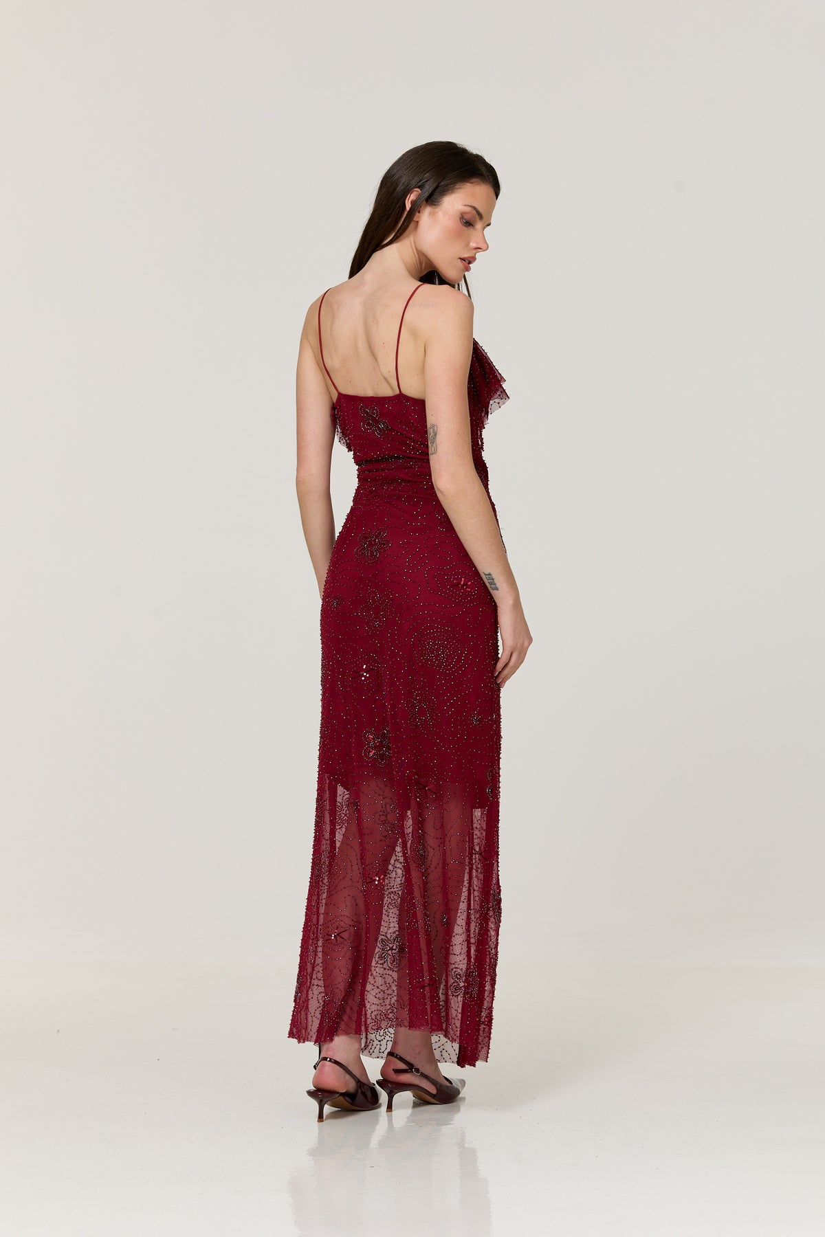 
                  
                    Burgundy Embellished Ruffle Maxi Dress
                  
                