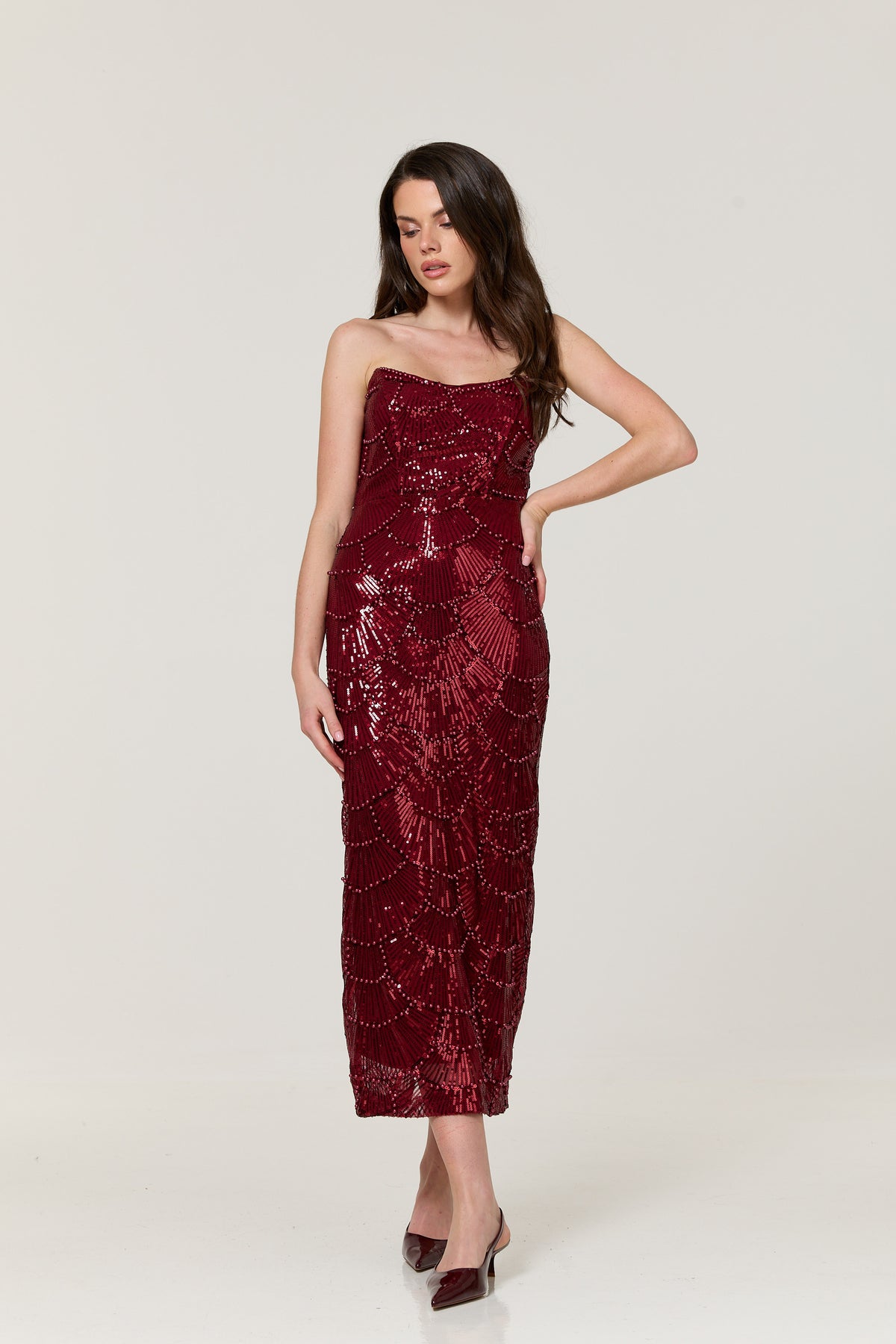 
                  
                    Burgundy Sequin Bandeau Midi Dress
                  
                