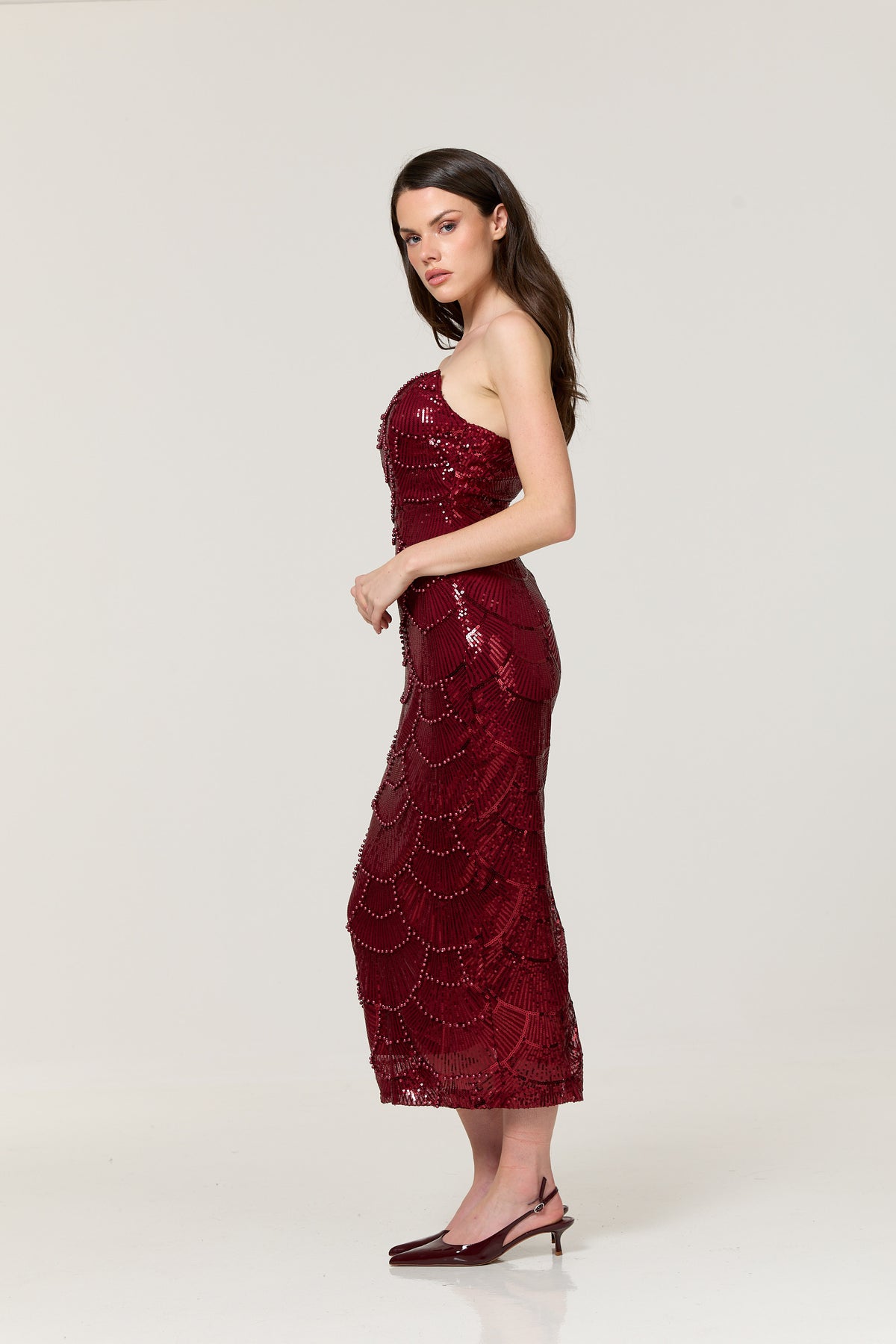 
                  
                    Burgundy Sequin Bandeau Midi Dress
                  
                