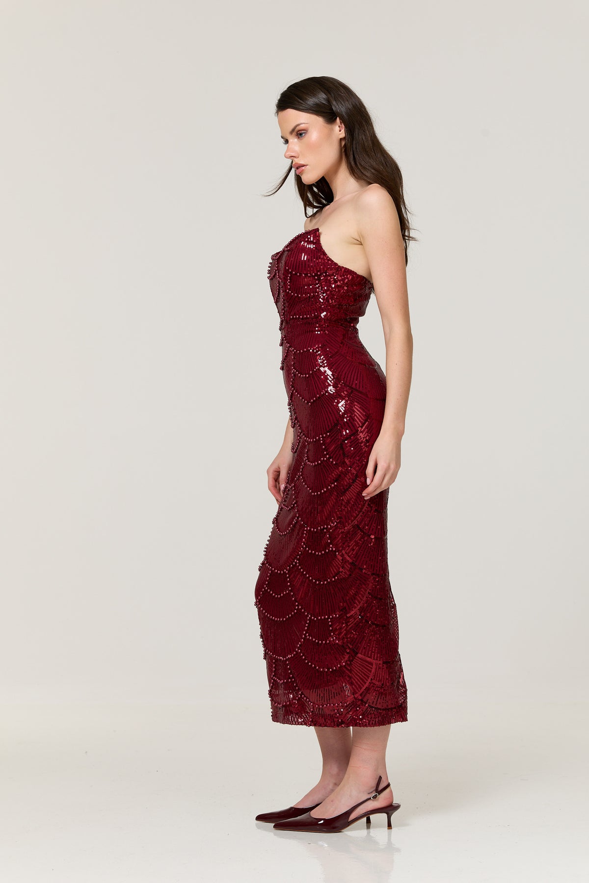 
                  
                    Burgundy Sequin Bandeau Midi Dress
                  
                