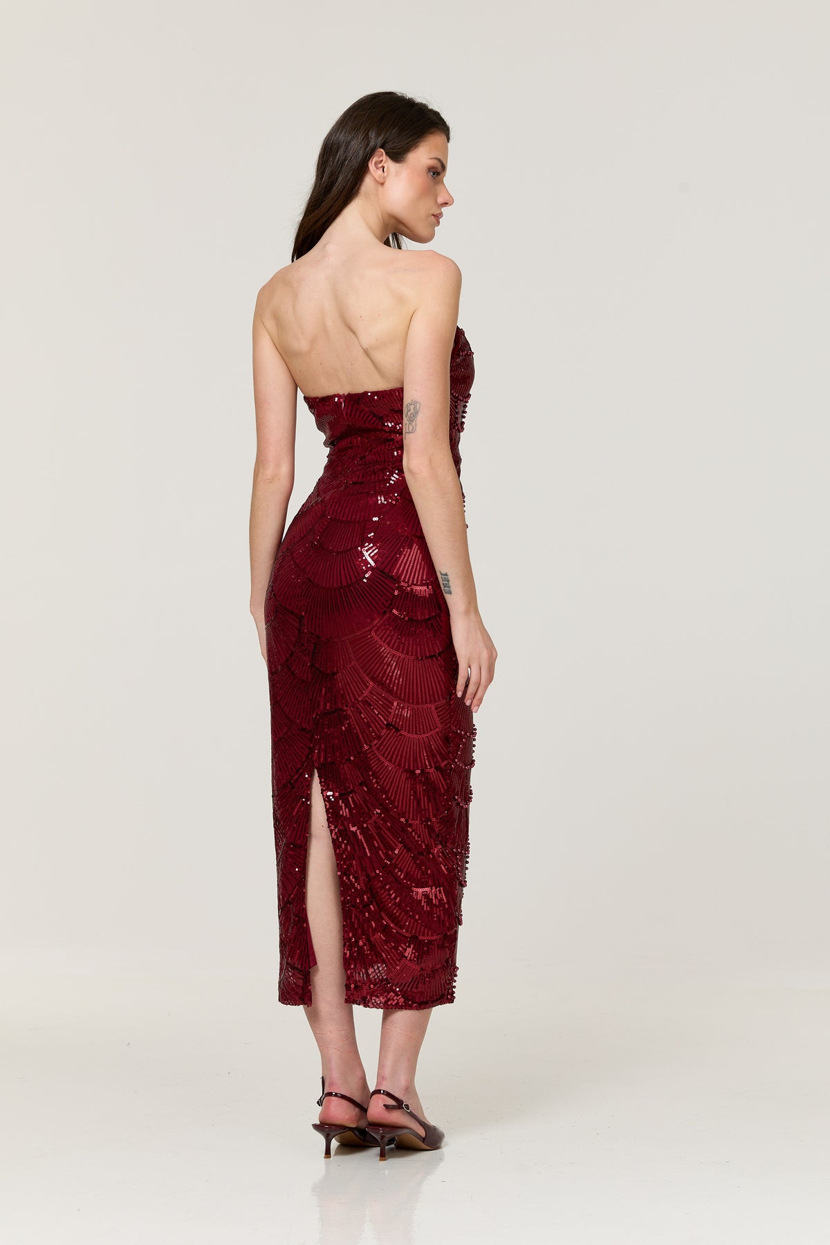 
                  
                    Burgundy Sequin Bandeau Midi Dress
                  
                