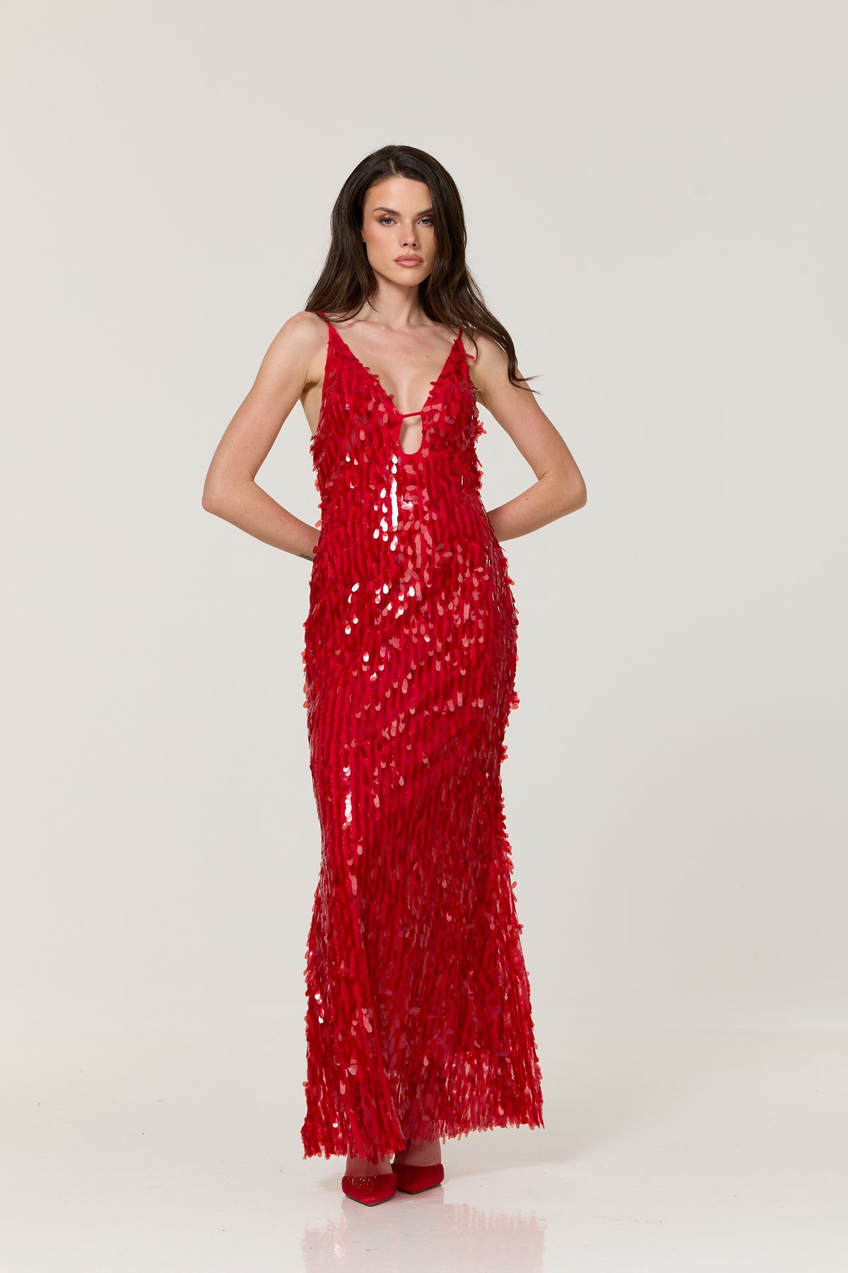 
                  
                    Red Sequin Plunge Maxi Dress
                  
                