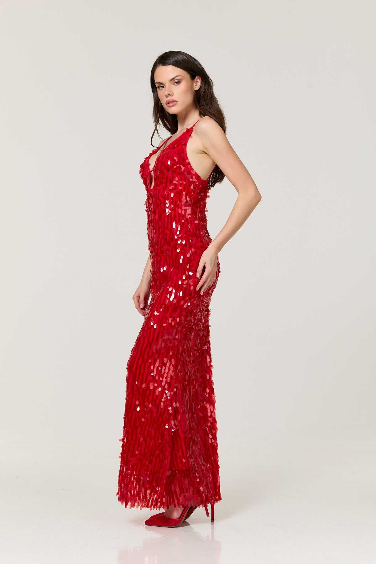 
                  
                    Red Sequin Plunge Maxi Dress
                  
                