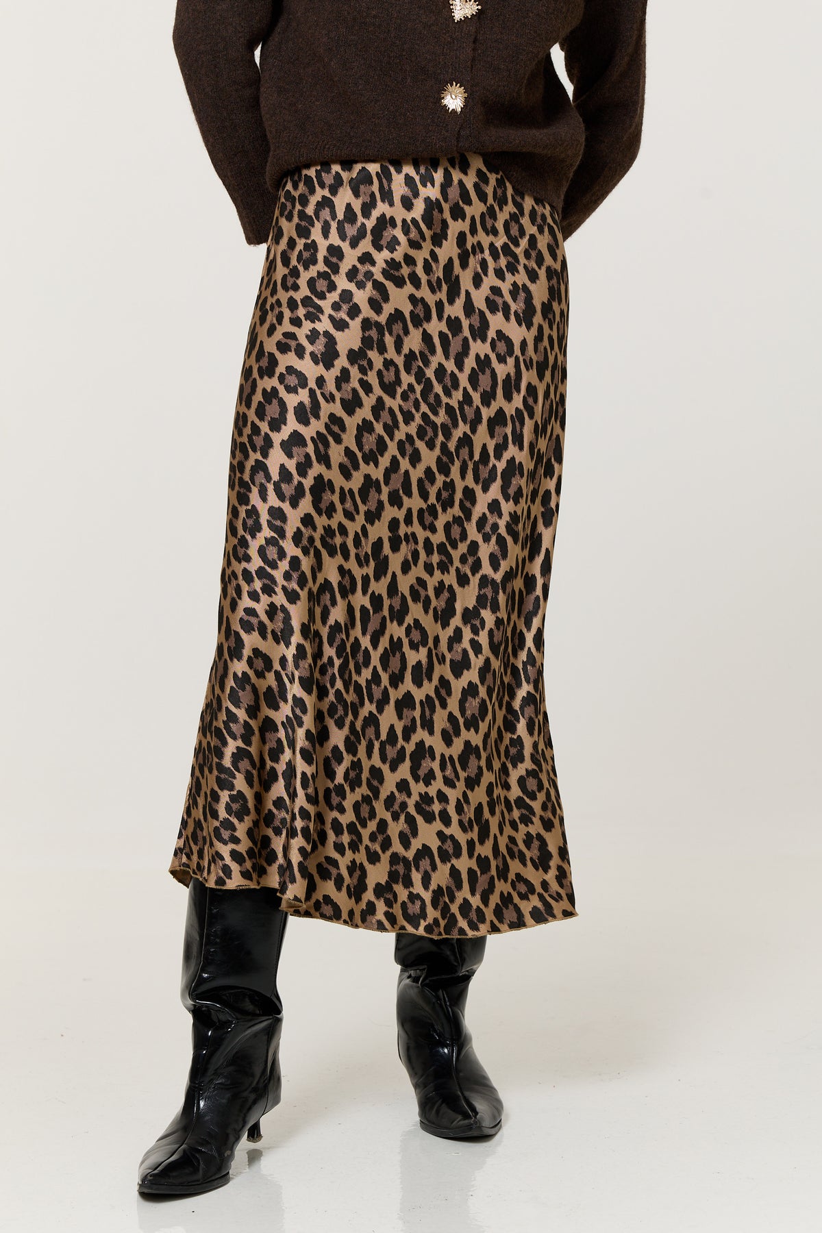
                  
                    Brown Leopard Print Satin Midi Skirt
                  
                