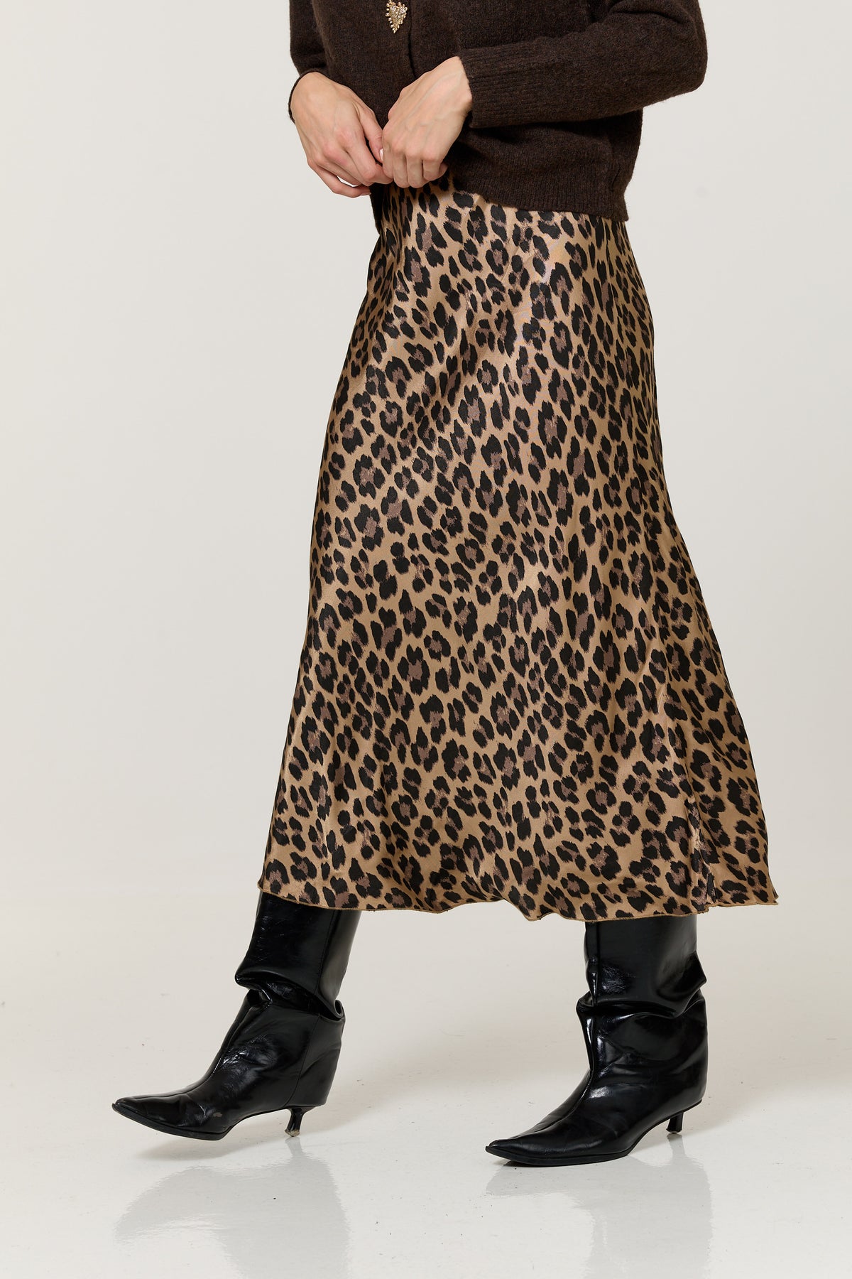 
                  
                    Brown Leopard Print Satin Midi Skirt
                  
                
