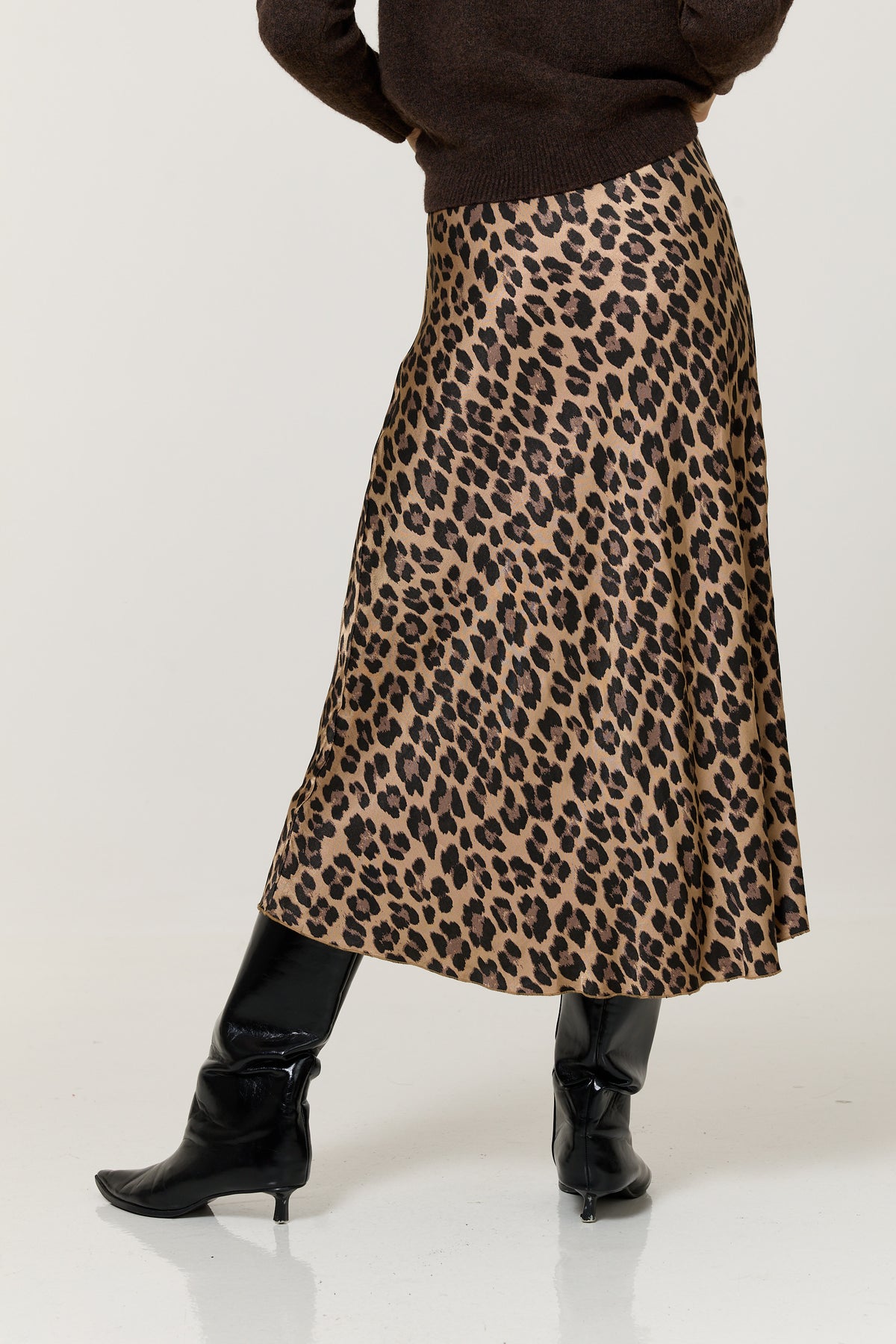 
                  
                    Brown Leopard Print Satin Midi Skirt
                  
                