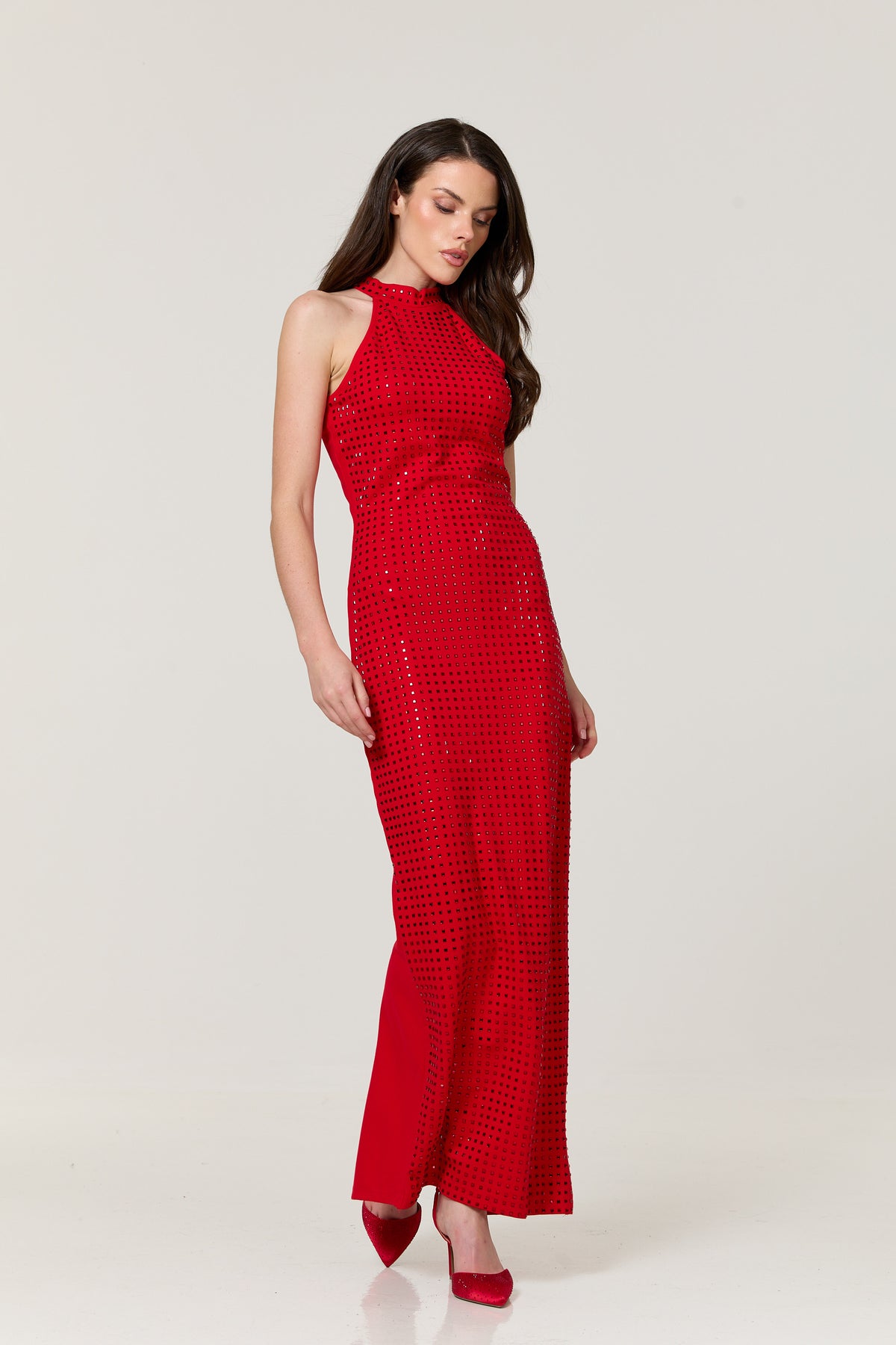 
                  
                    Red Studded Halter Maxi Dress
                  
                