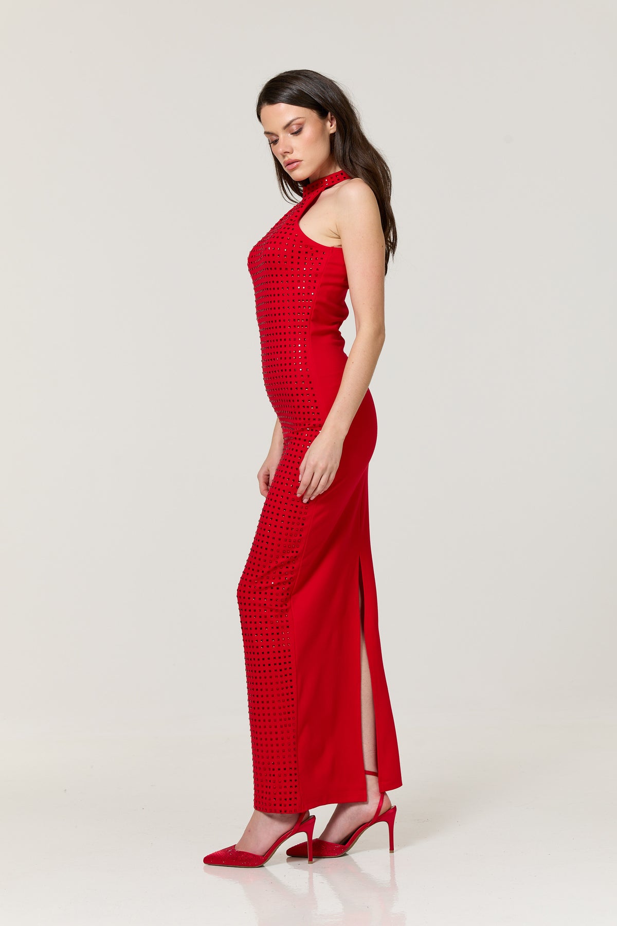 
                  
                    Red Studded Halter Maxi Dress
                  
                