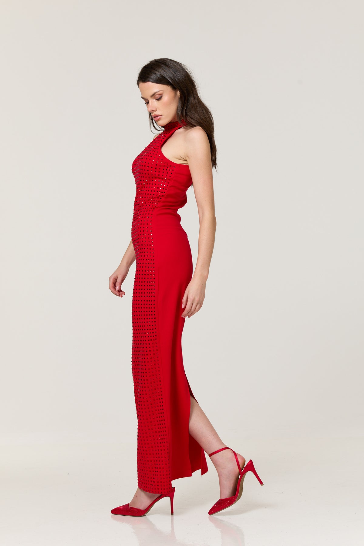 
                  
                    Red Studded Halter Maxi Dress
                  
                