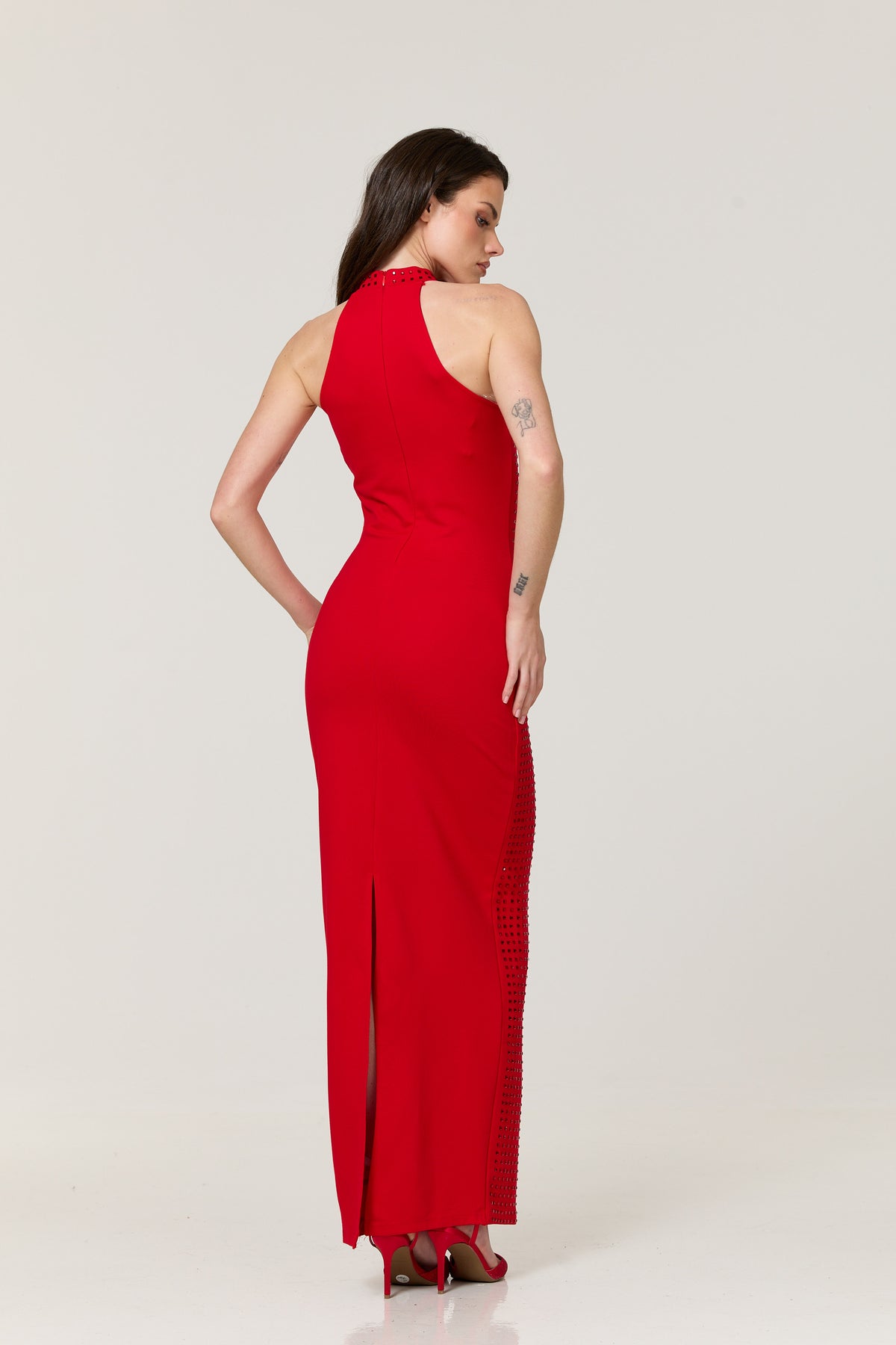 
                  
                    Red Studded Halter Maxi Dress
                  
                