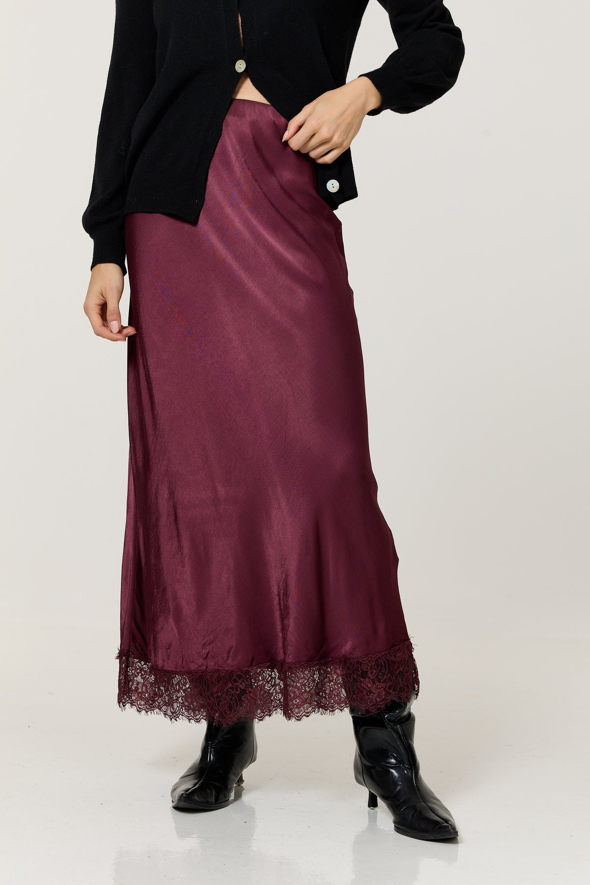 
                  
                    Burgundy Satin Lace Hem Maxi Skirt
                  
                