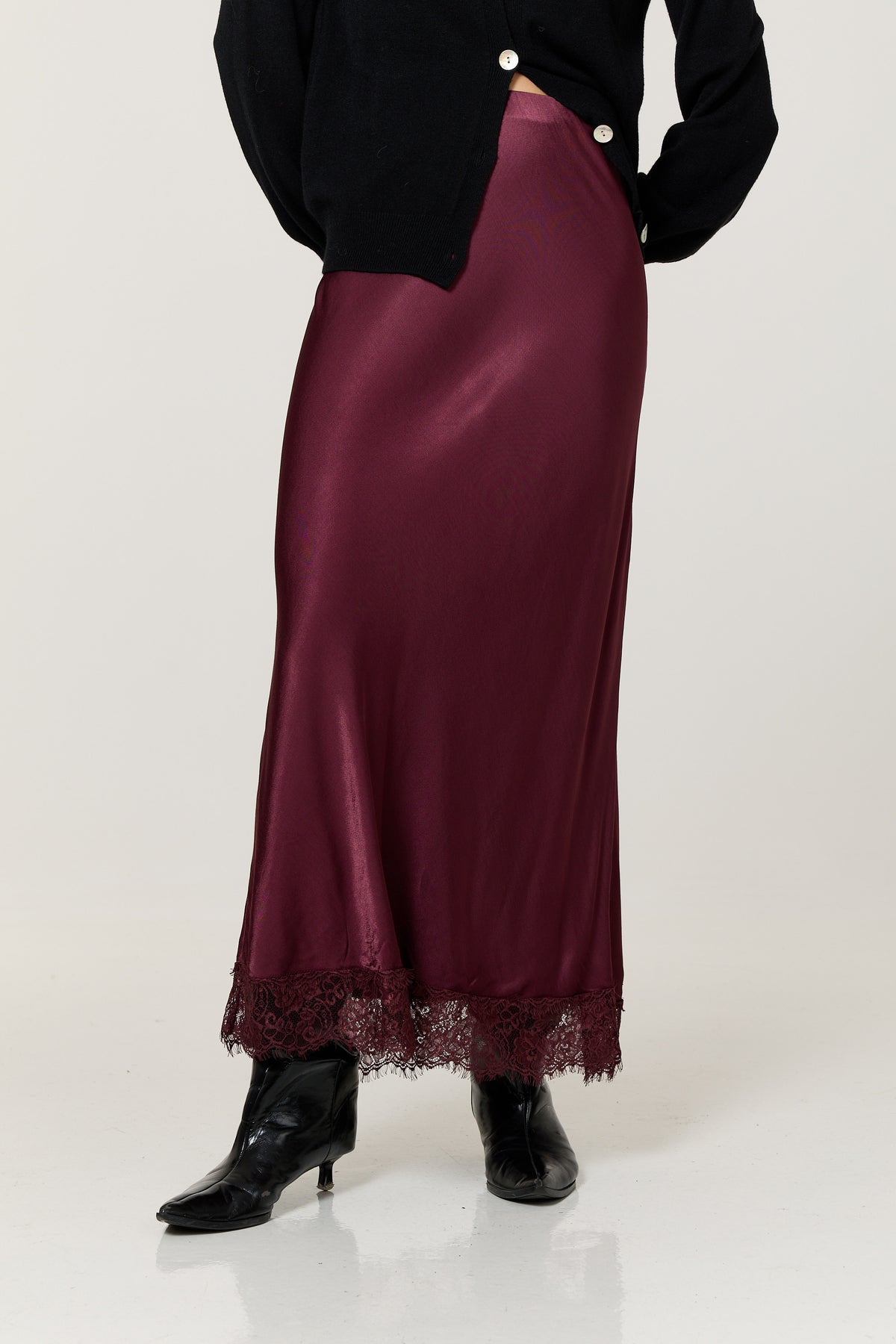 
                  
                    Burgundy Satin Lace Hem Maxi Skirt
                  
                