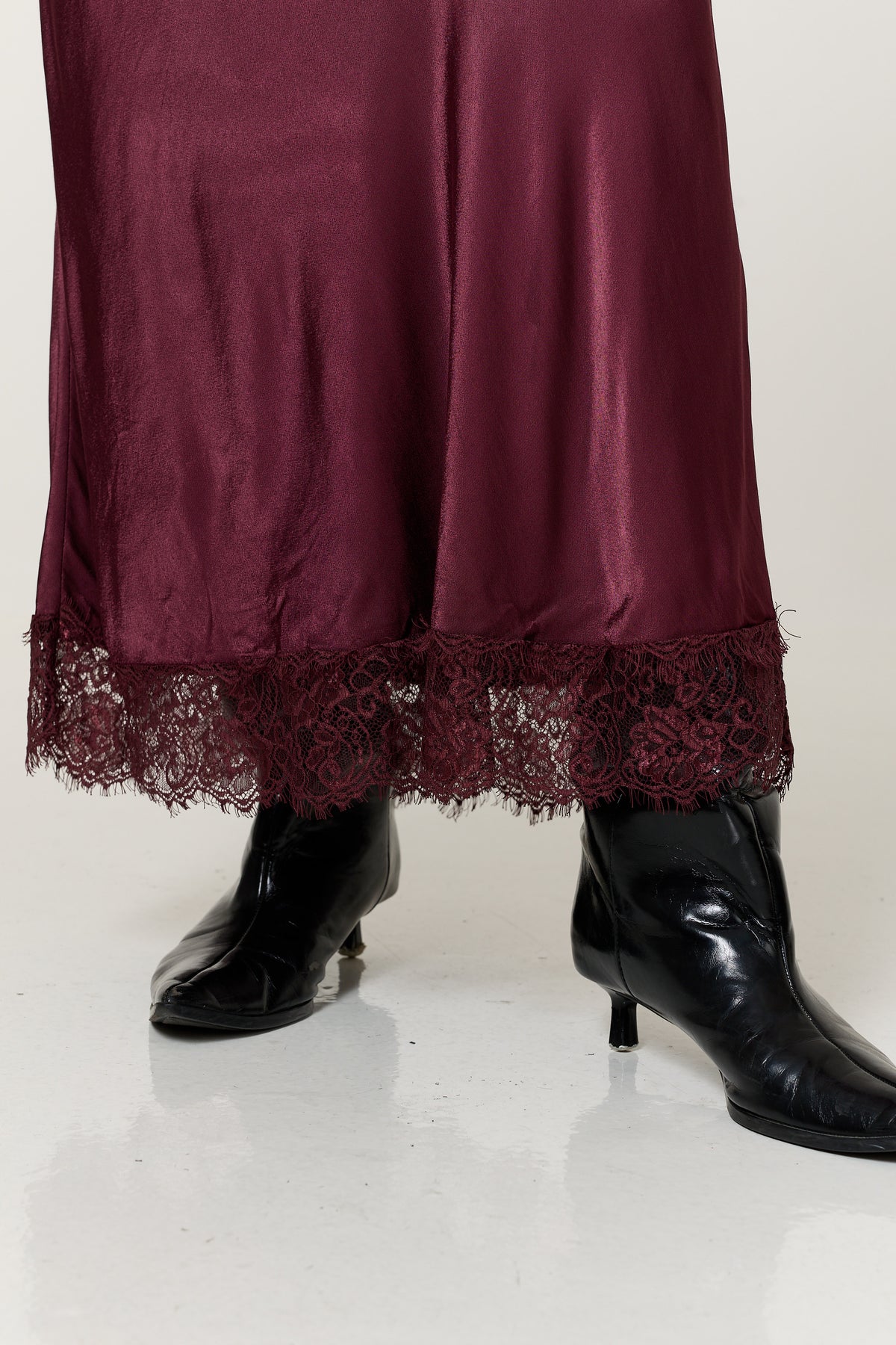 
                  
                    Burgundy Satin Lace Hem Maxi Skirt
                  
                