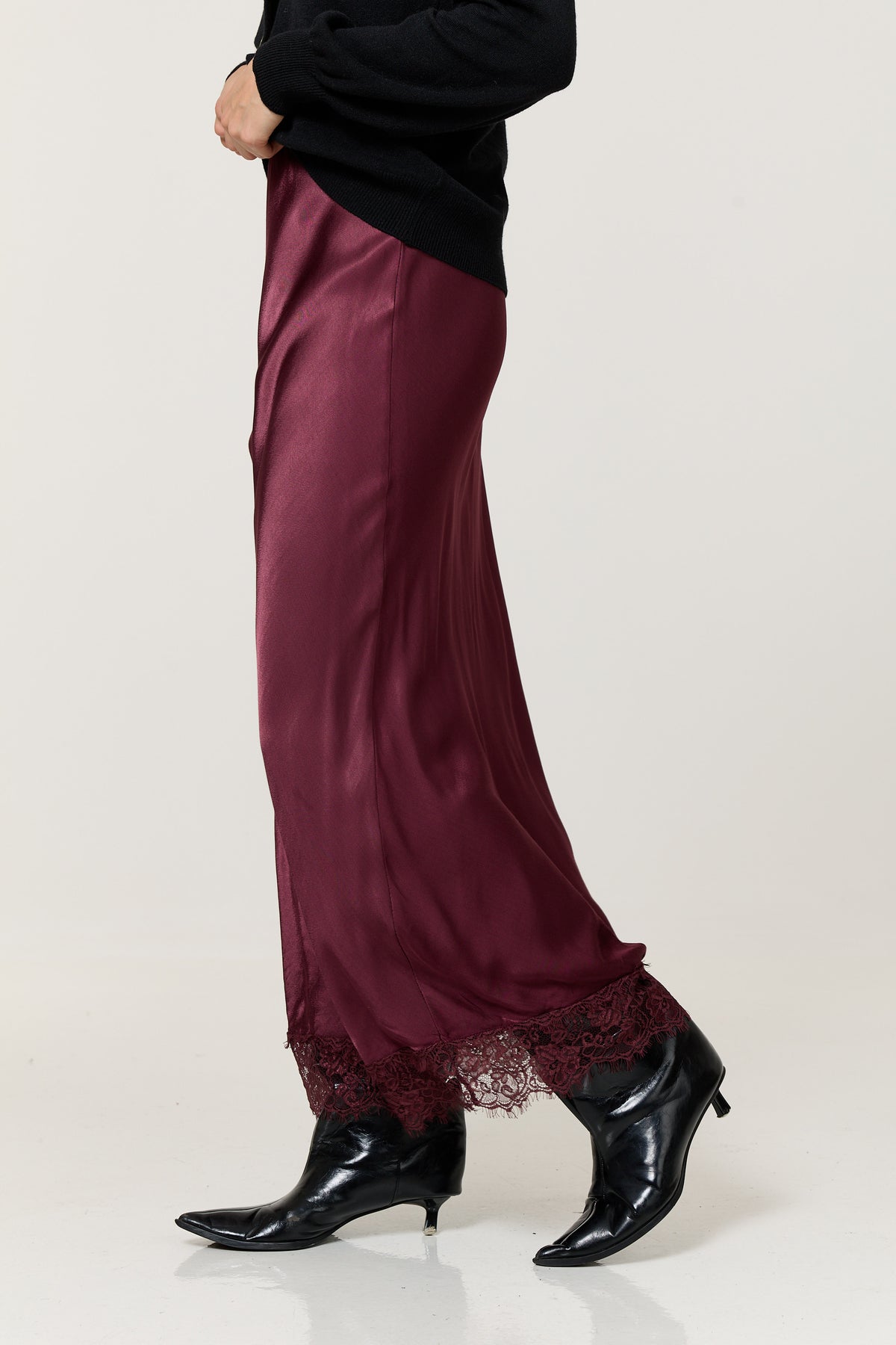 
                  
                    Burgundy Satin Lace Hem Maxi Skirt
                  
                