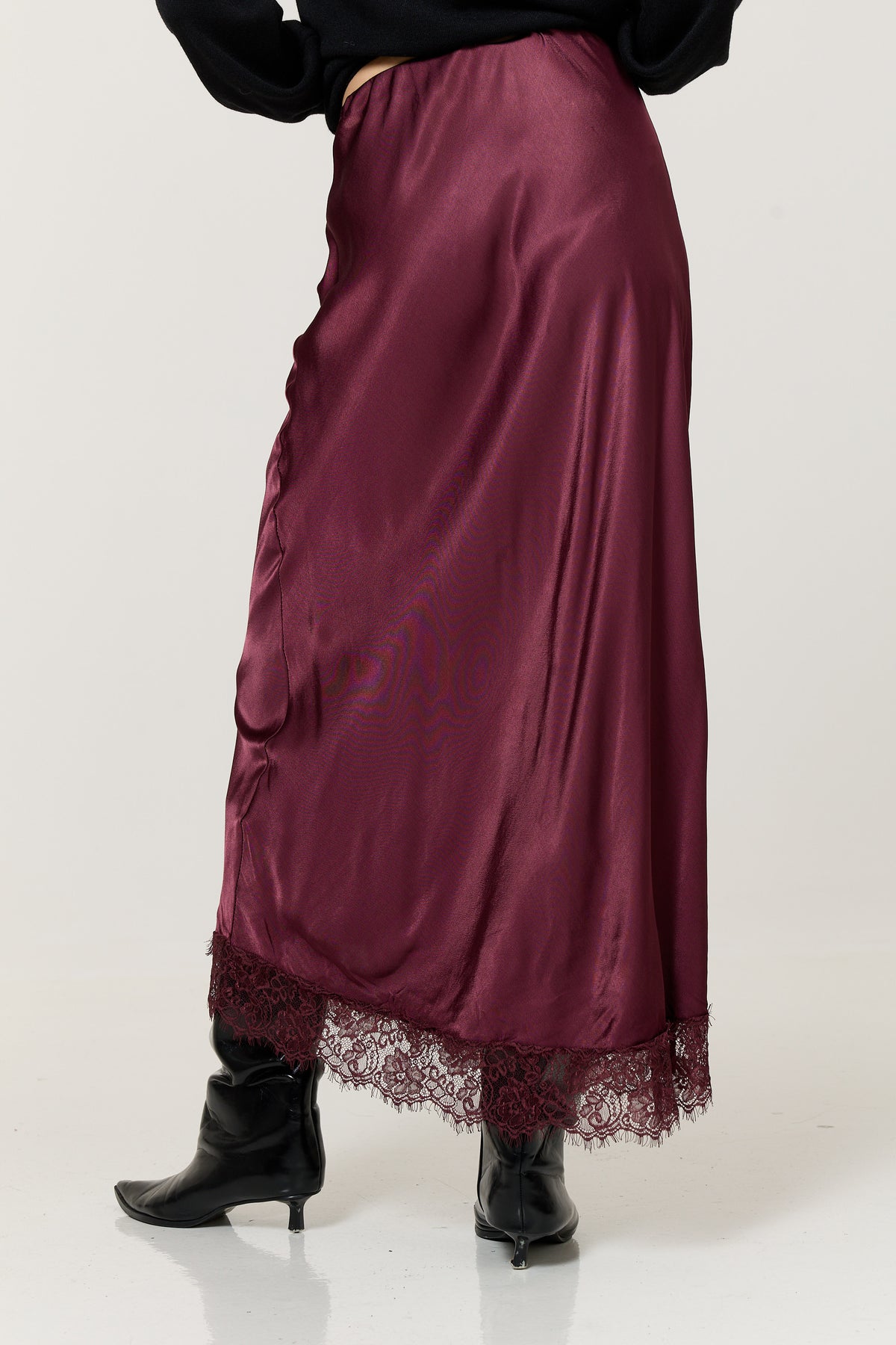 
                  
                    Burgundy Satin Lace Hem Maxi Skirt
                  
                