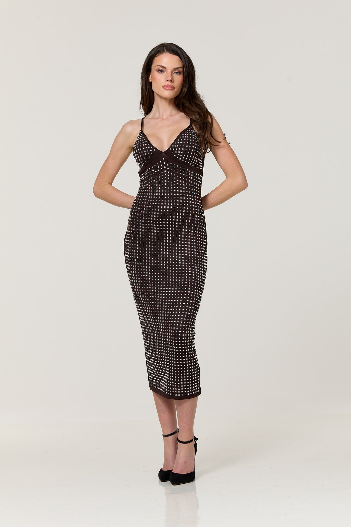 
                  
                    Brown Diamante Bodycon Midi Dress
                  
                