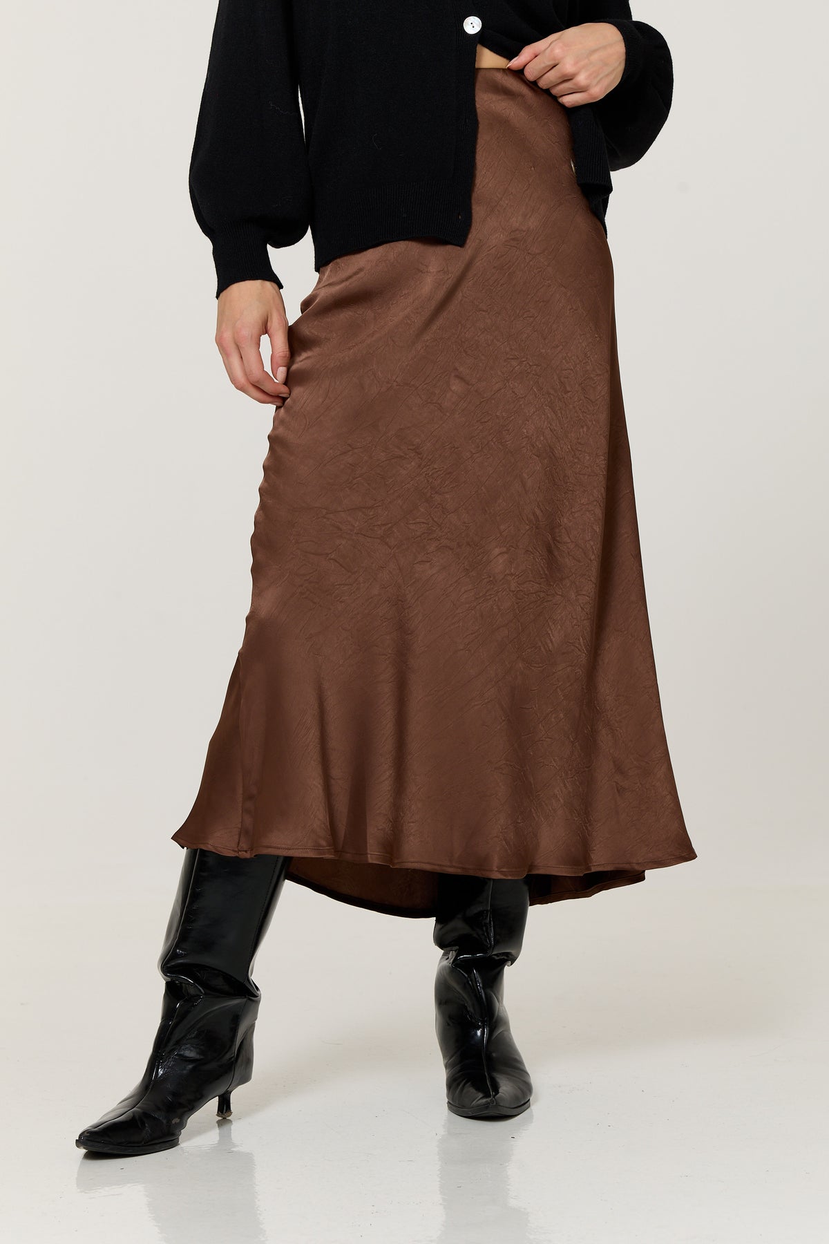 
                  
                    Chocolate Brown Crinkle Satin Maxi Skirt
                  
                
