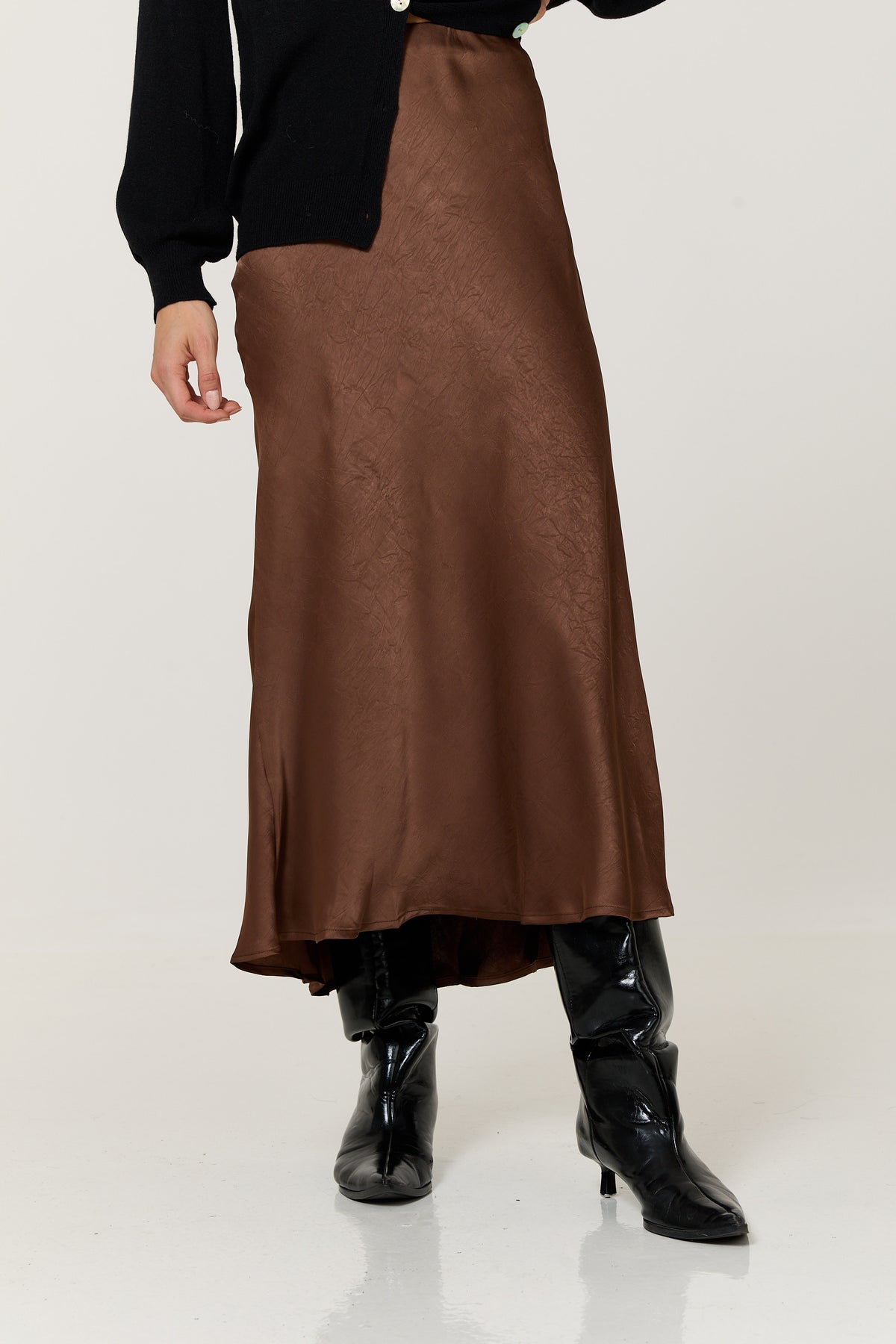 
                  
                    Chocolate Brown Crinkle Satin Maxi Skirt
                  
                